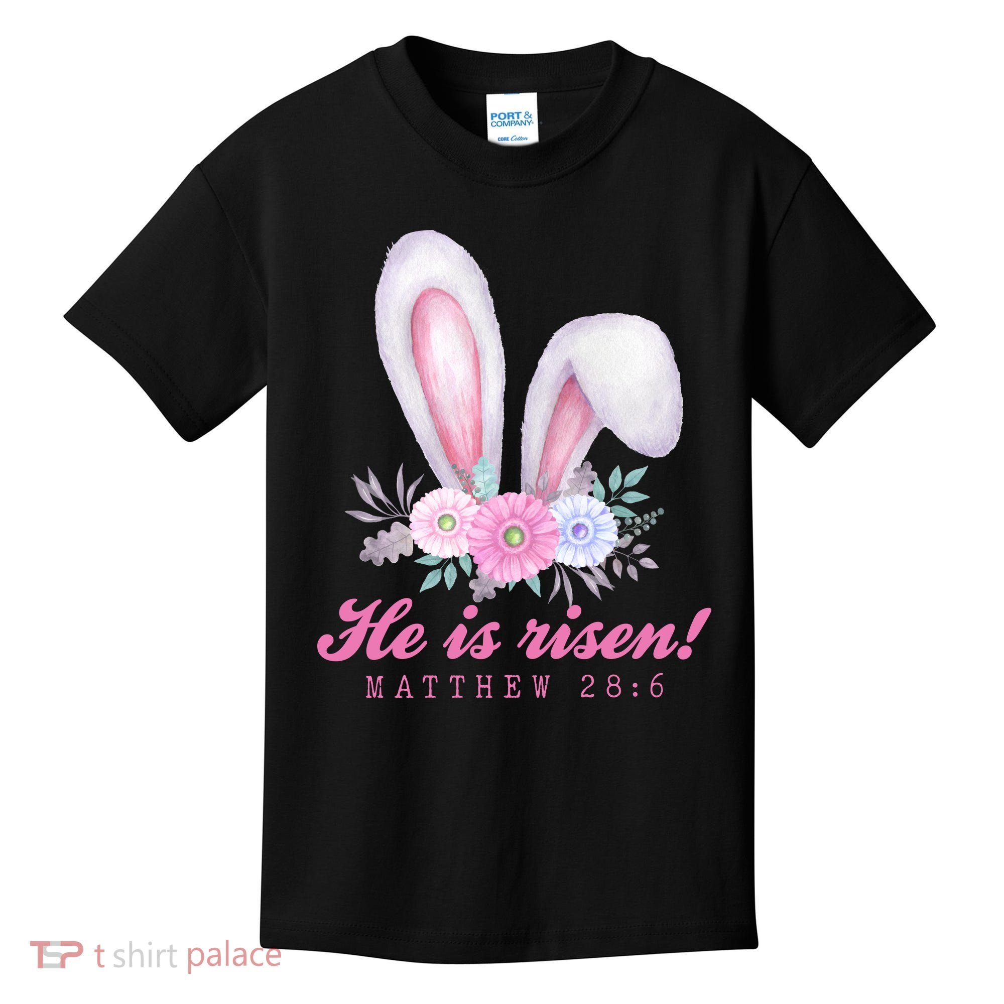 He Is Risen Easter Sunday Bunny Floral Kids T-Shirt