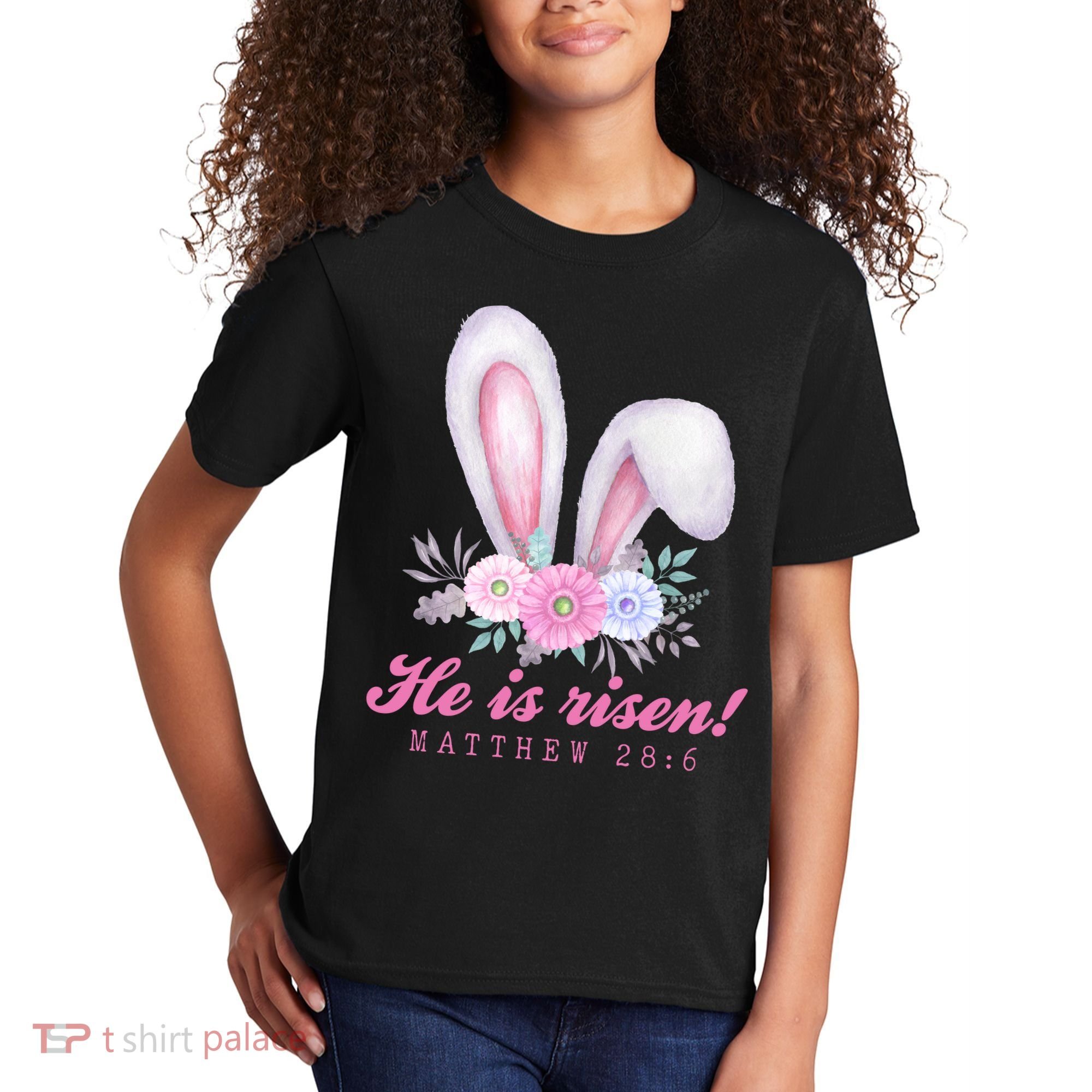 He Is Risen Easter Sunday Bunny Floral Kids T-Shirt