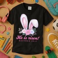 He Is Risen Easter Sunday Bunny Floral Kids T-Shirt thumb 3