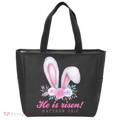 He Is Risen Easter Sunday Bunny Floral Tote Bag