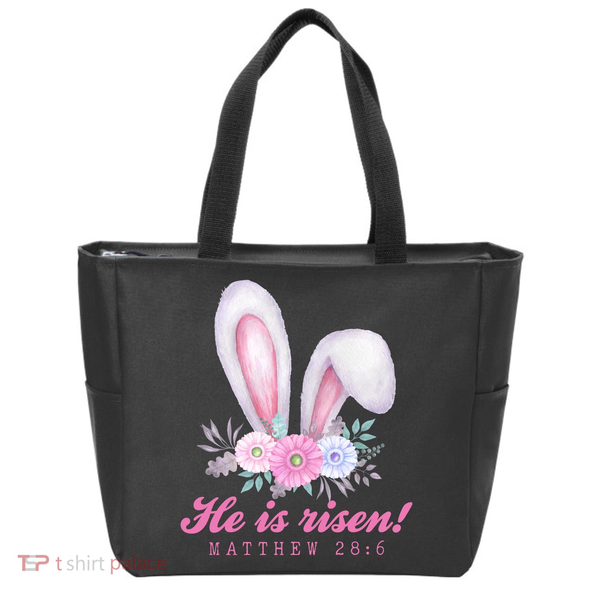 He Is Risen Easter Sunday Bunny Floral Tote Bag