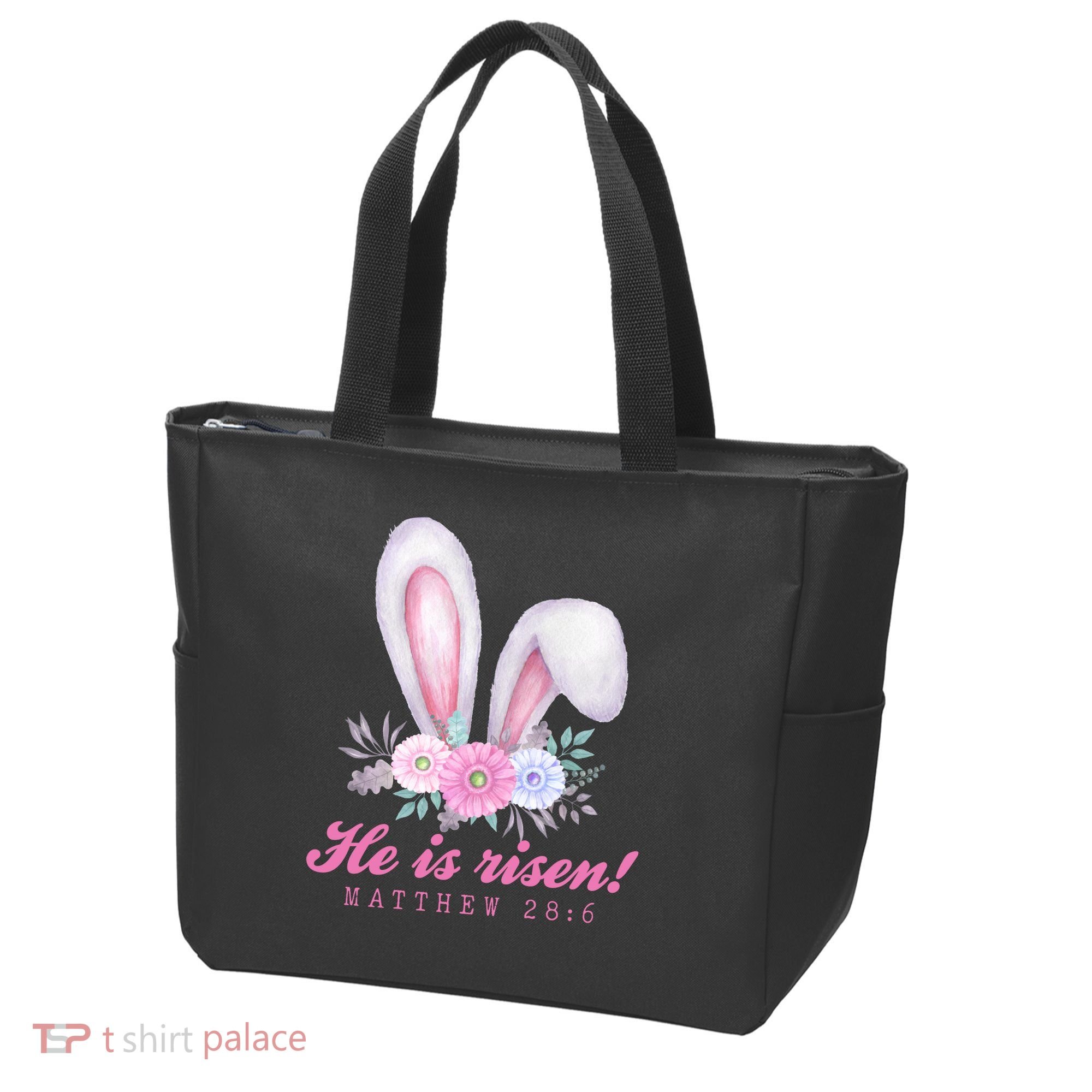 He Is Risen Easter Sunday Bunny Floral Tote Bag