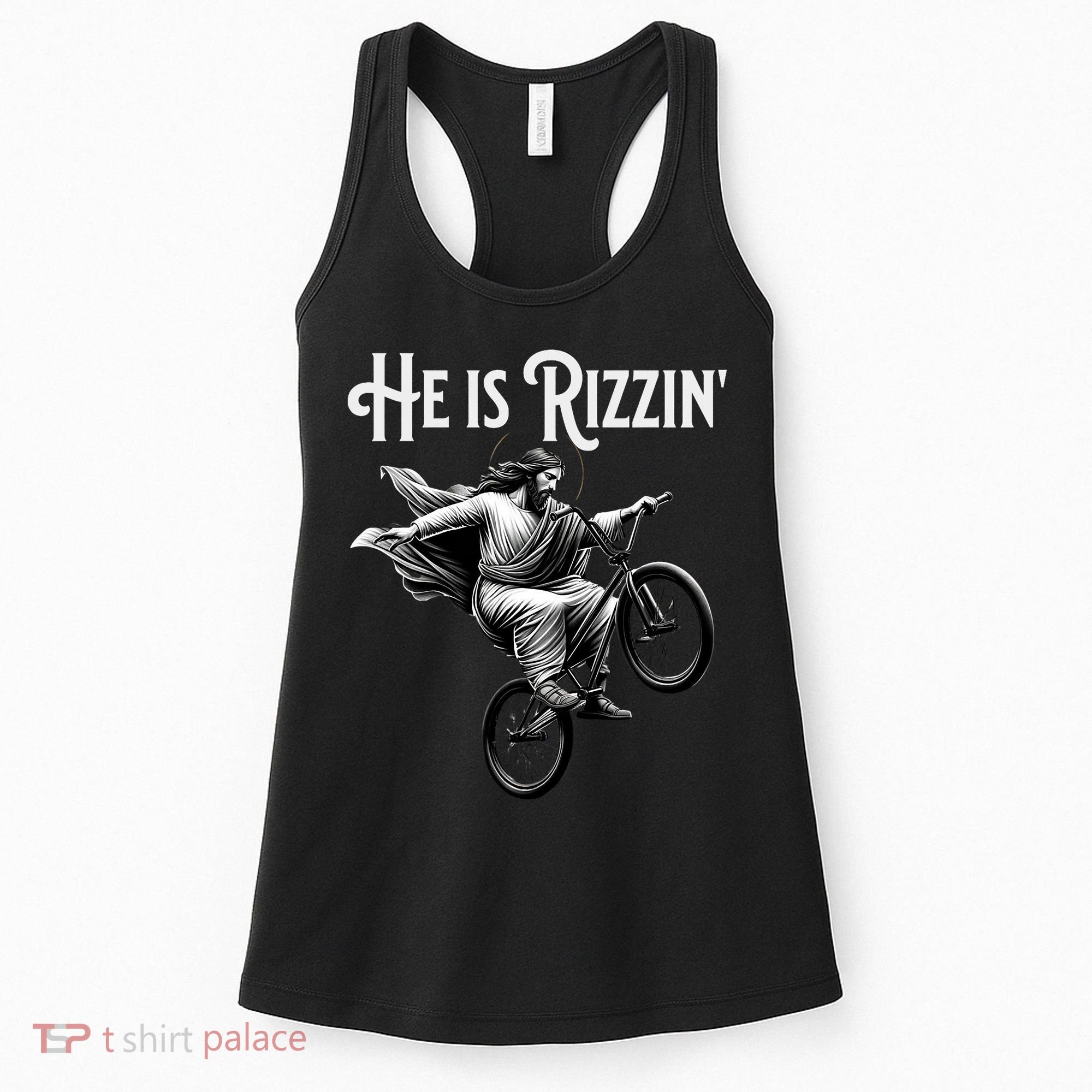 He Is Rizzin Jesus Riding Bmx Bike Funny Bicycle Rizz Women's Tank Top