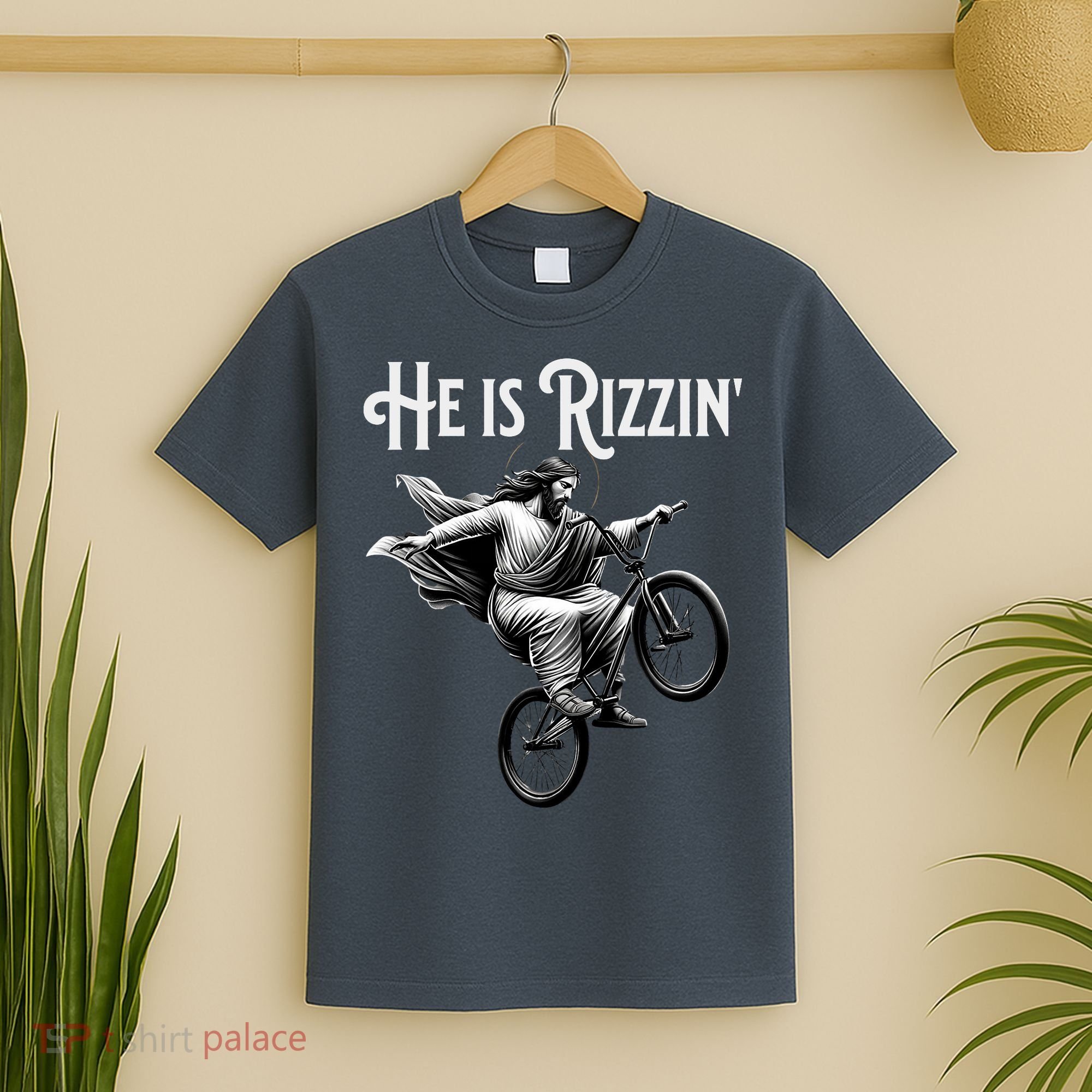 He Is Rizzin Jesus Riding Bmx Bike Funny Bicycle Rizz T-Shirt