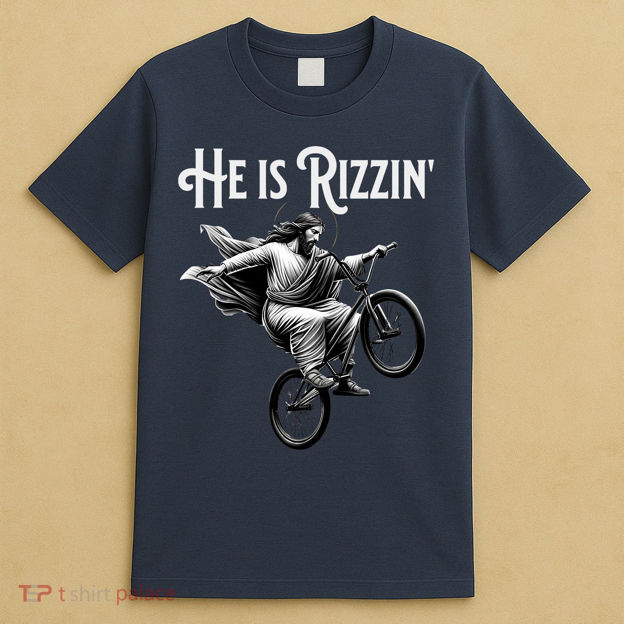 He Is Rizzin Jesus Riding Bmx Bike Funny Bicycle Rizz T-Shirt