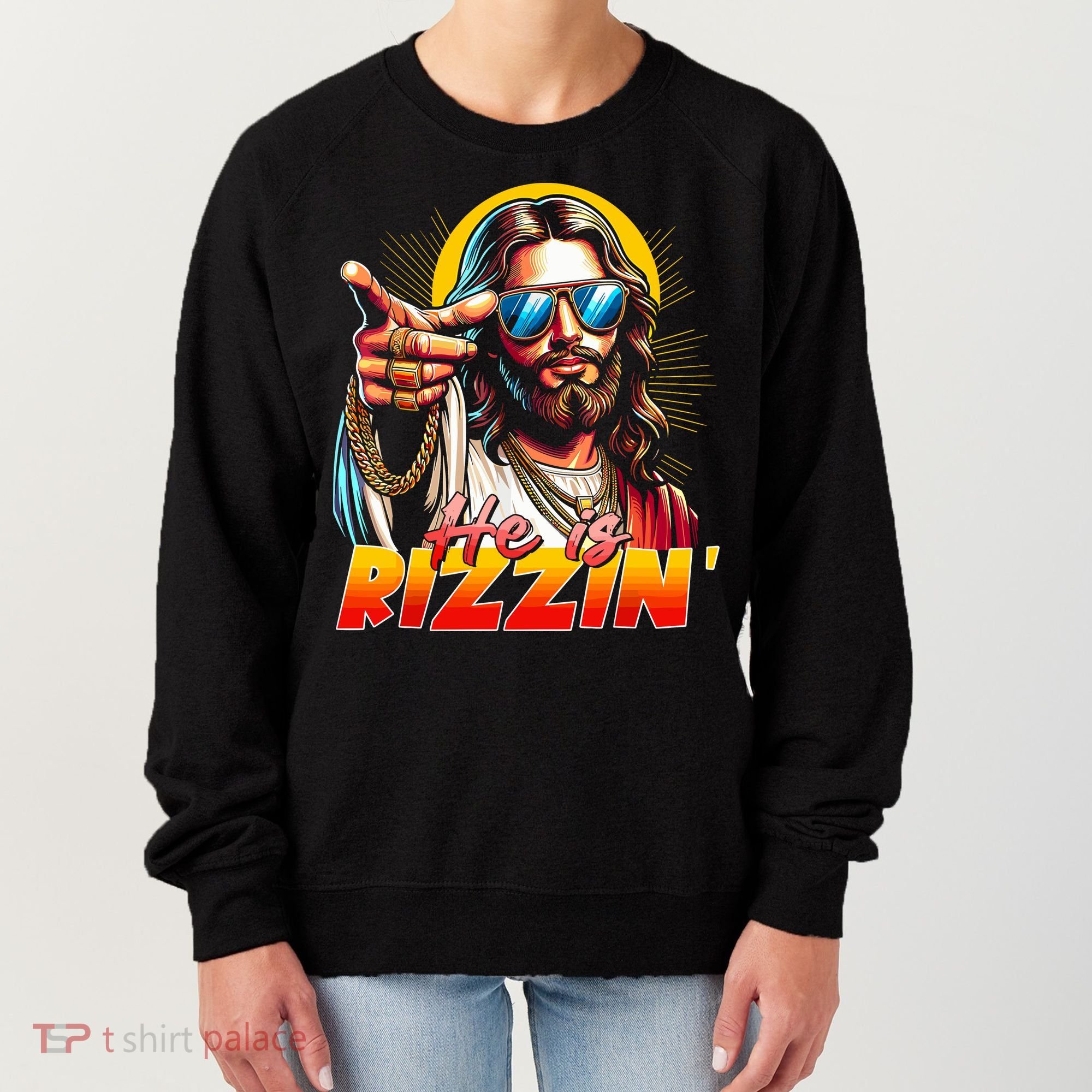 He Is Rizzin' Funny Jesus Christian Happy Easter Eggs  Women's Sweatshirt