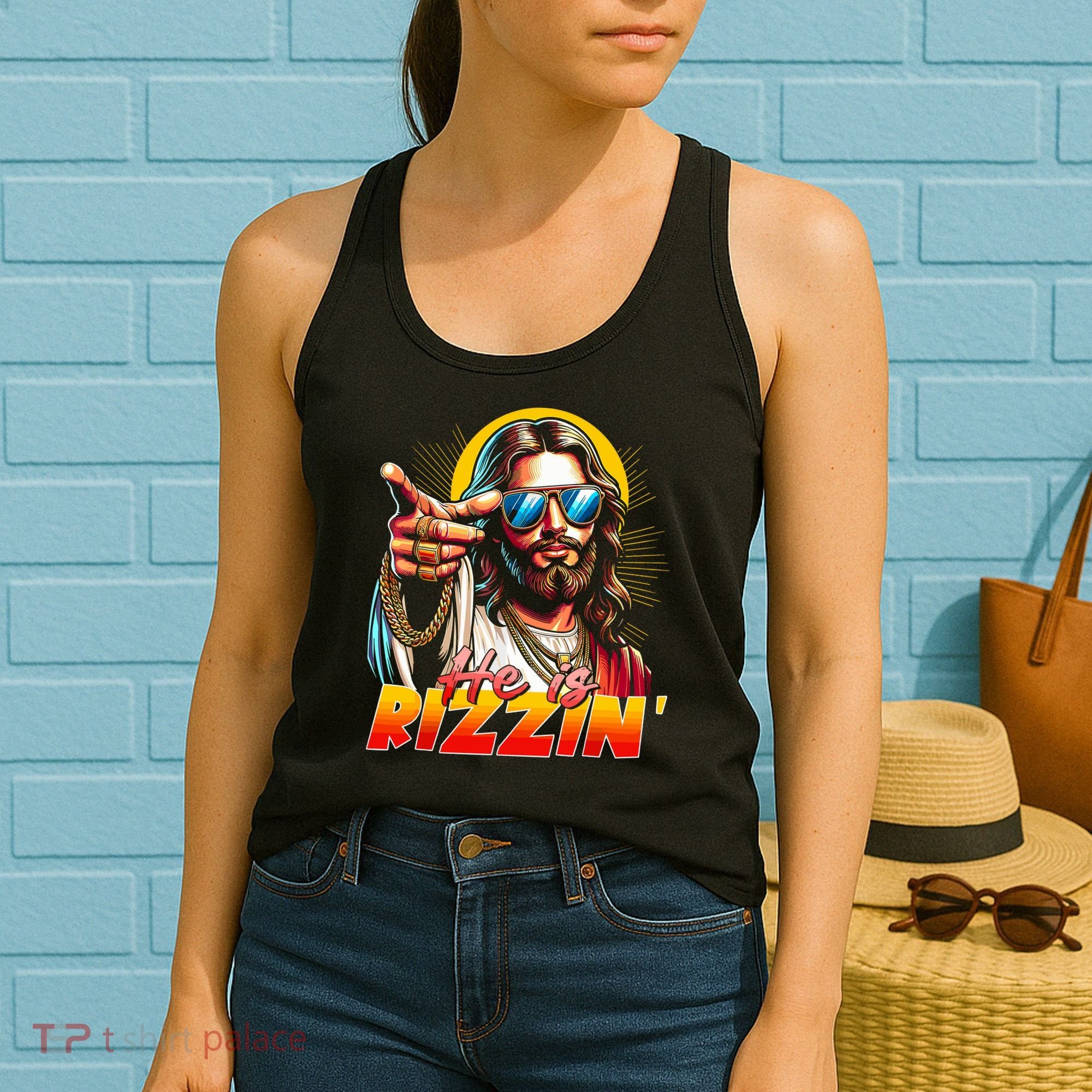 He Is Rizzin' Funny Jesus Christian Happy Easter Eggs  Women's Tank Top