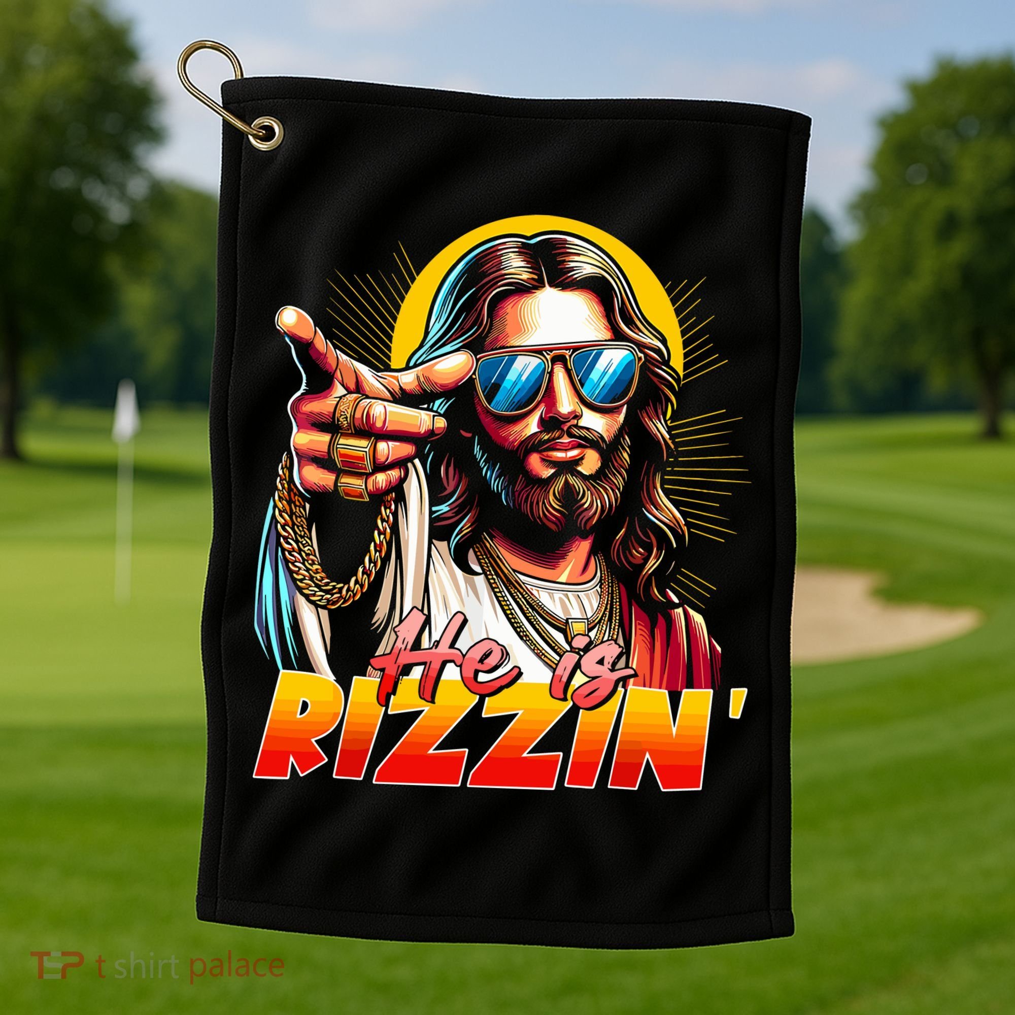 He Is Rizzin' Funny Jesus Christian Happy Easter Eggs  Golf Towel