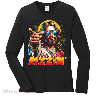 He Is Rizzin' Funny Jesus Christian Happy Easter Eggs  Women's Long Sleeve Shirt