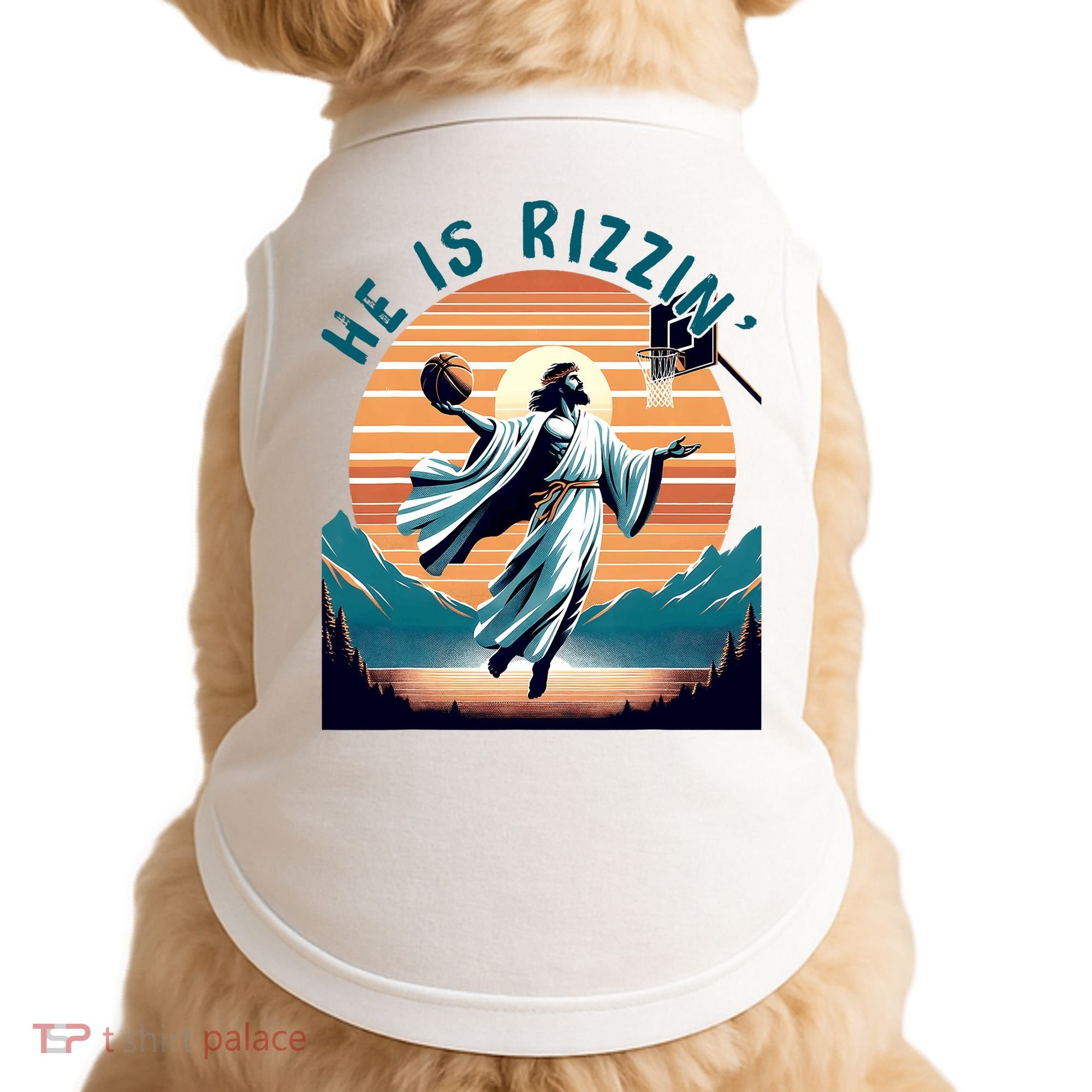 He Is Rizzin Basketball Jesus Retro Easter Christian Doggie Tank