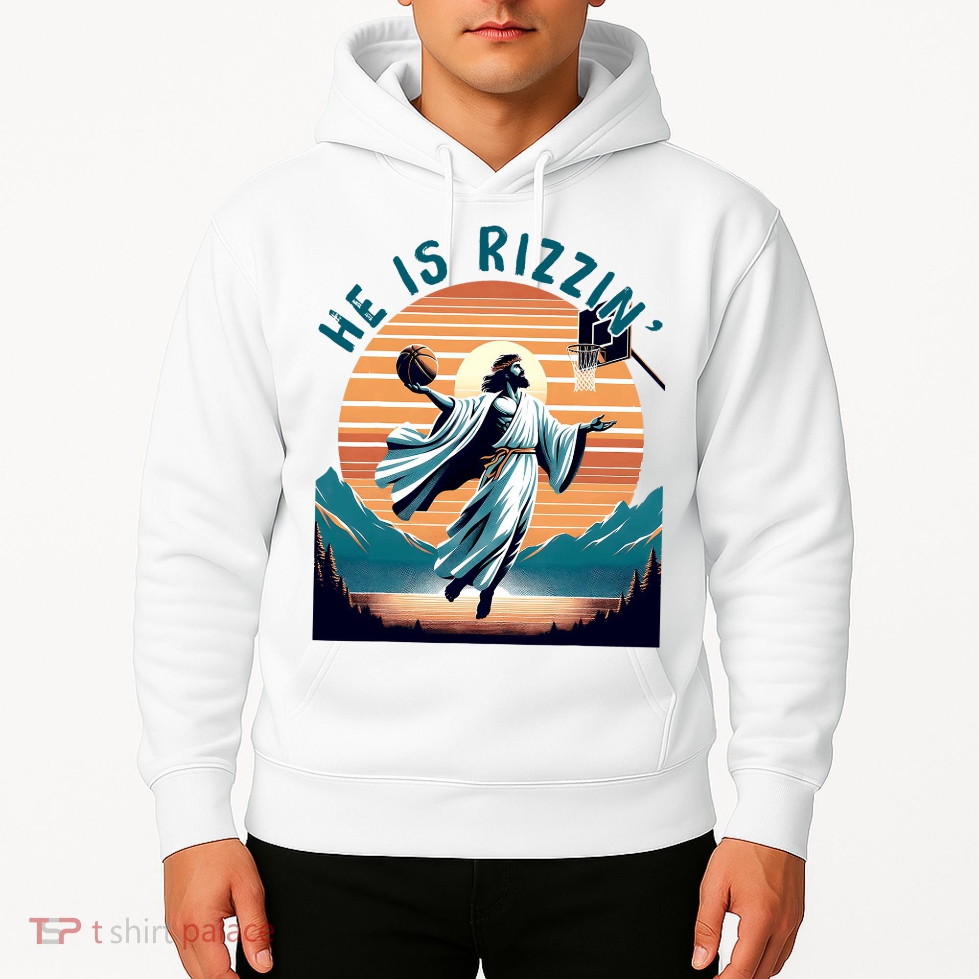 He Is Rizzin Basketball Jesus Retro Easter Christian Hoodie