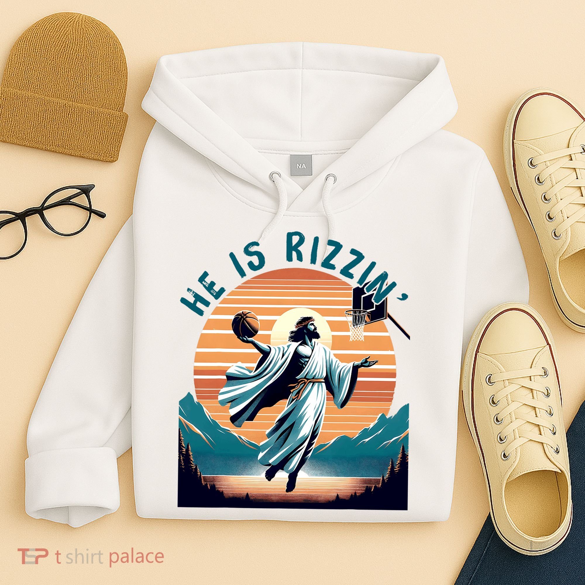 He Is Rizzin Basketball Jesus Retro Easter Christian Hoodie