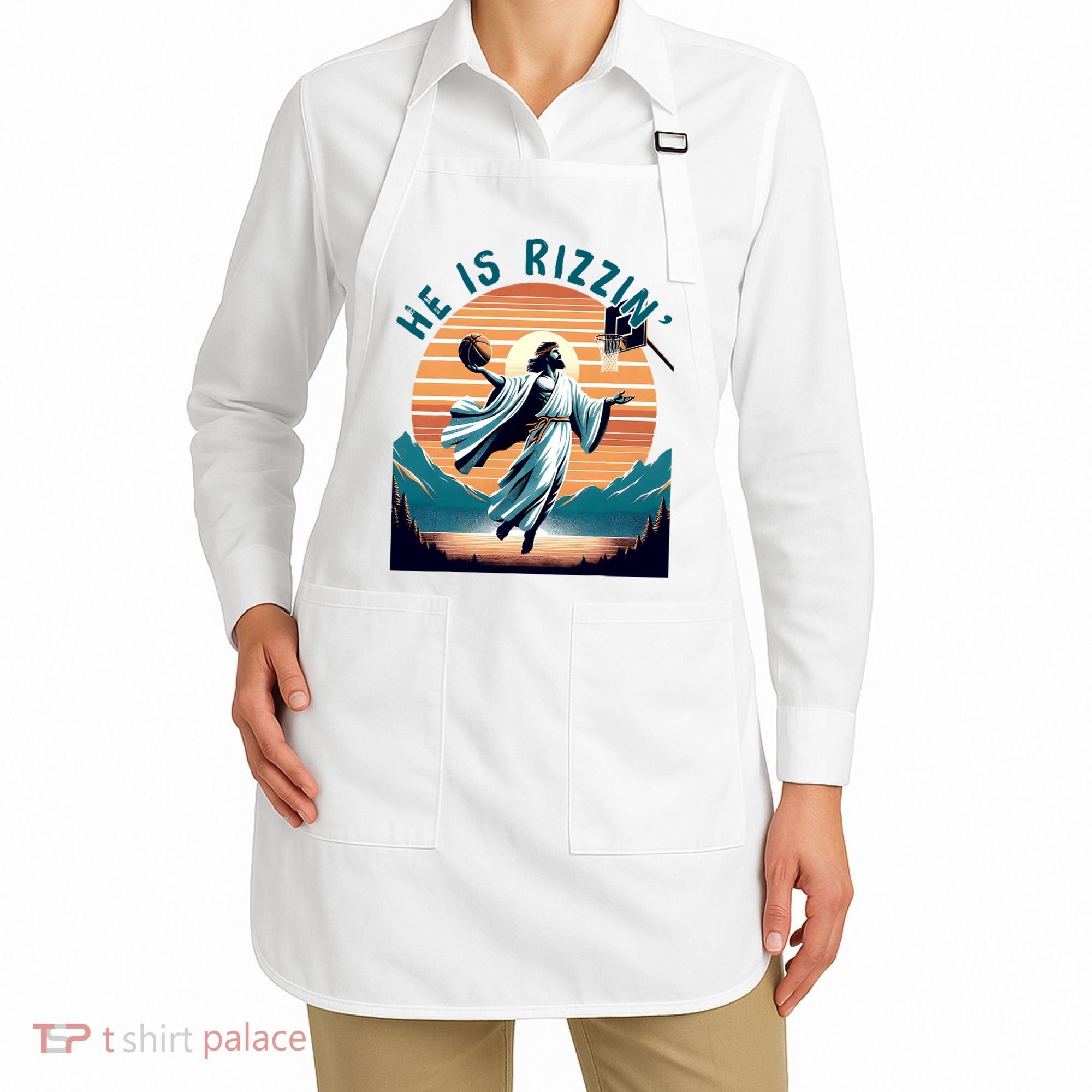 He Is Rizzin Basketball Jesus Retro Easter Christian Apron