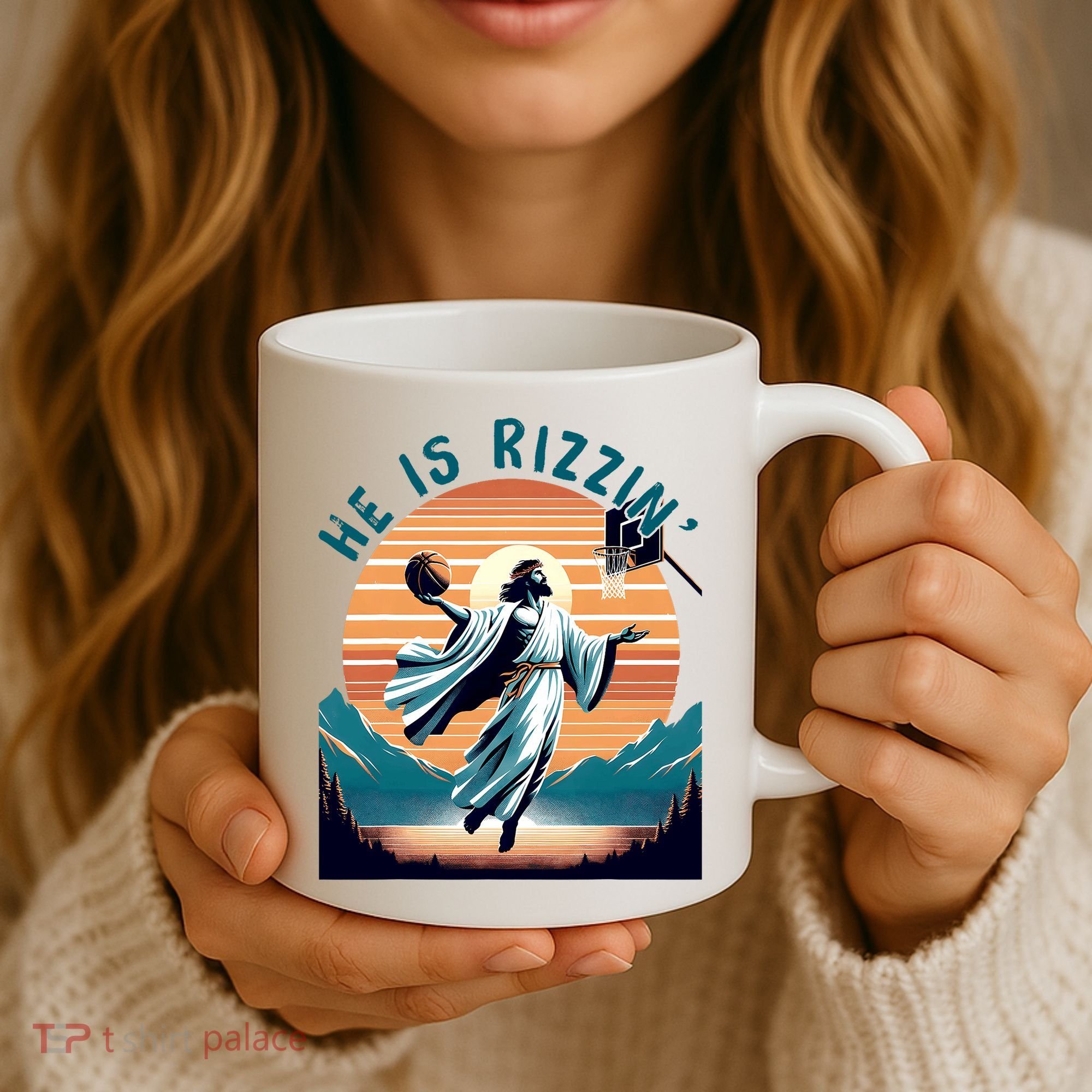 He Is Rizzin Basketball Jesus Retro Easter Christian Coffee Mug