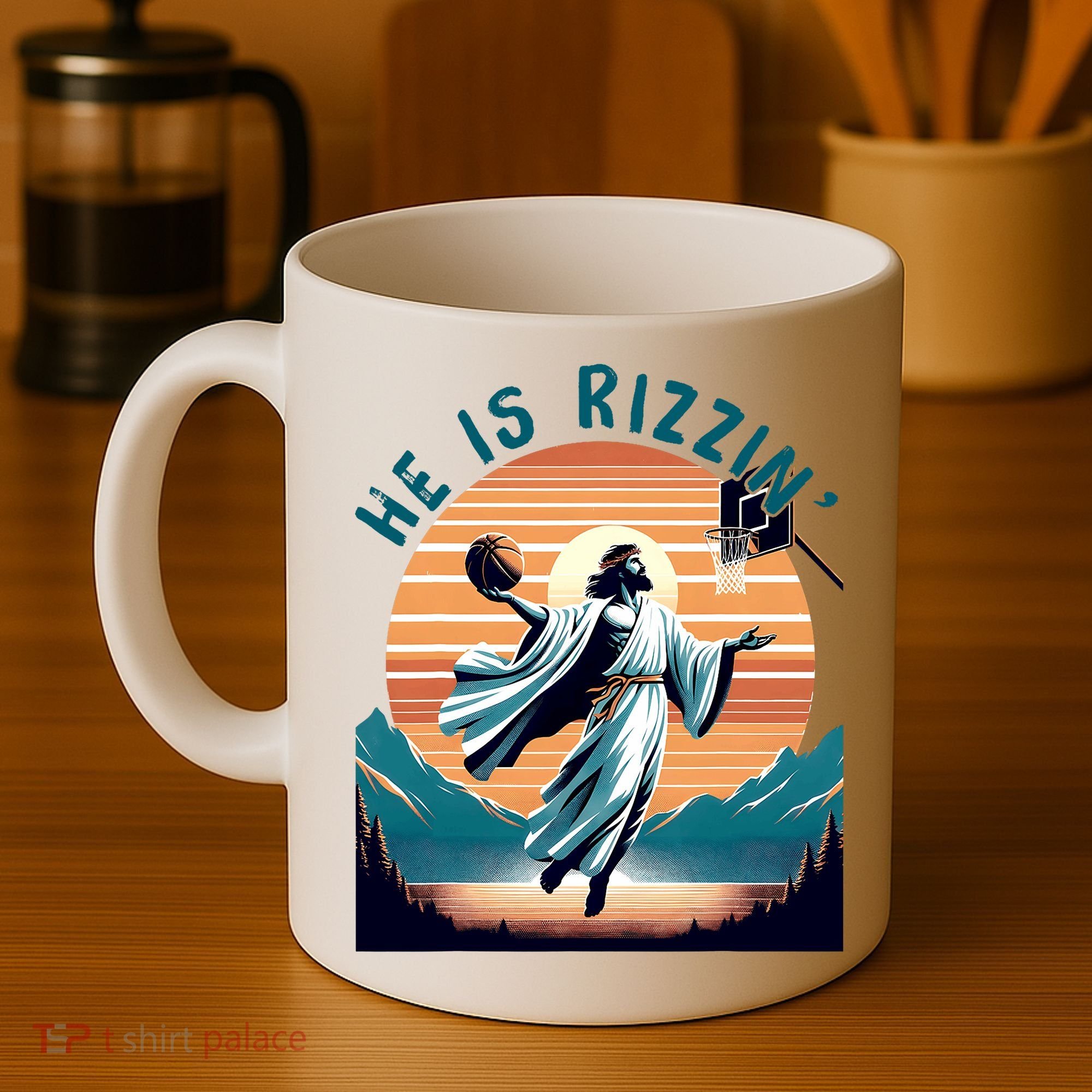 He Is Rizzin Basketball Jesus Retro Easter Christian Coffee Mug