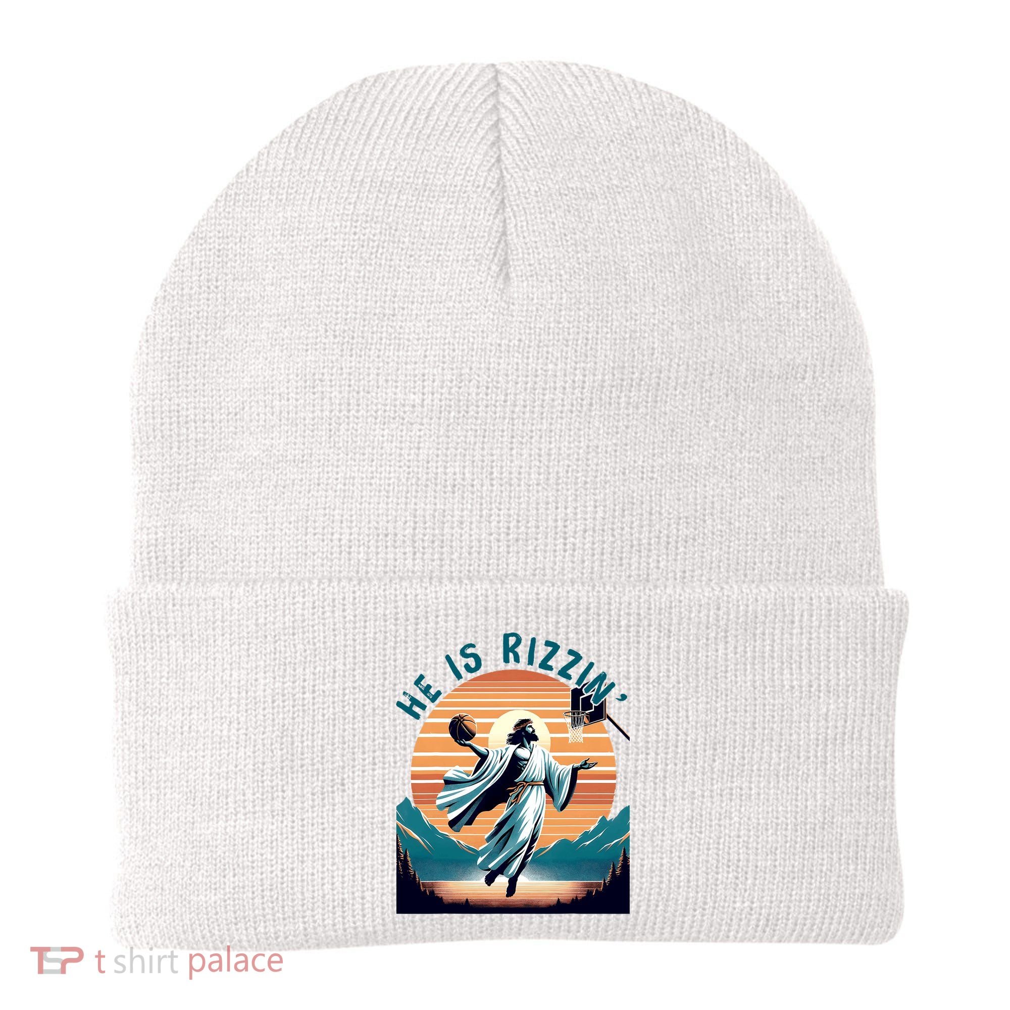 He Is Rizzin Basketball Jesus Retro Easter Christian Beanie