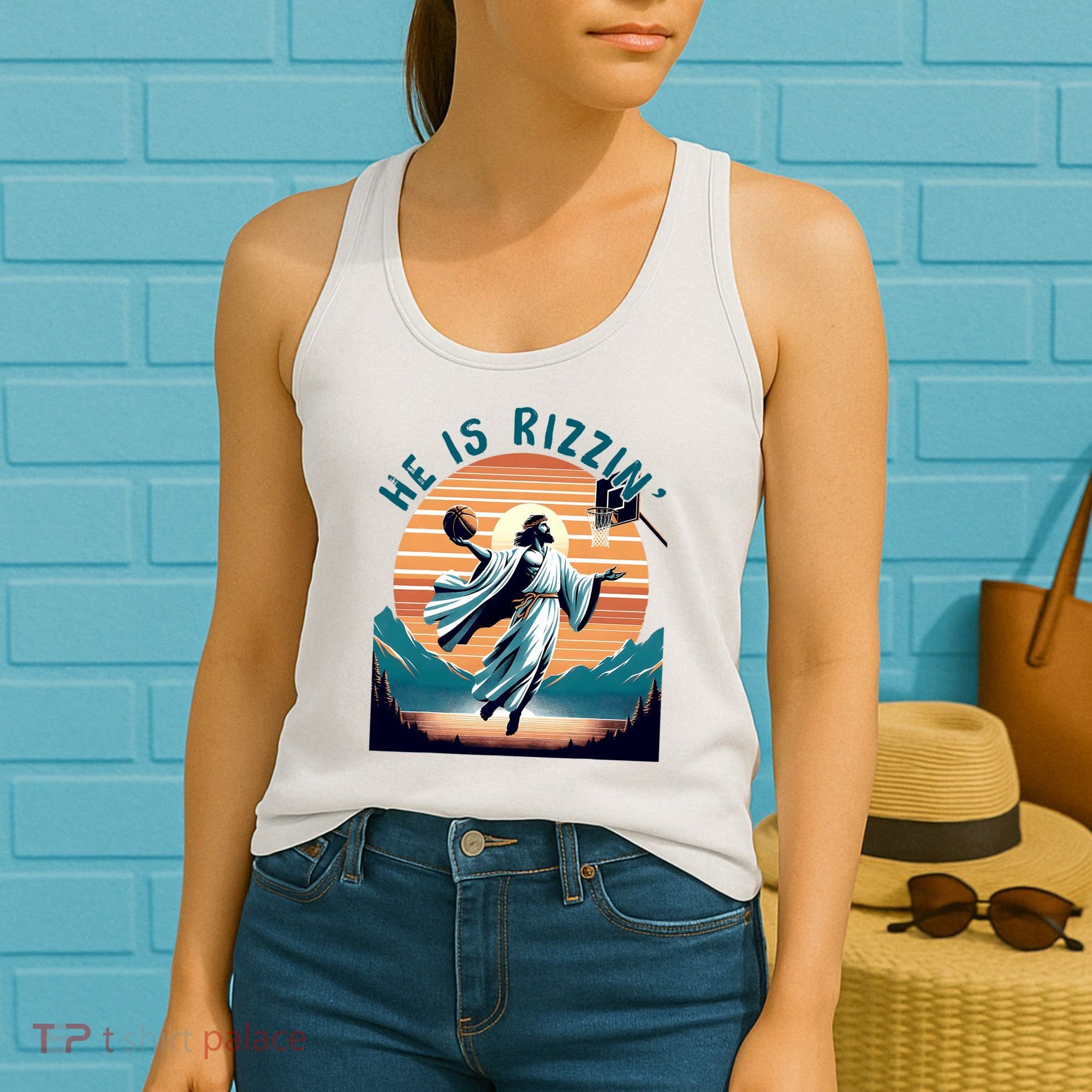 He Is Rizzin Basketball Jesus Retro Easter Christian Women's Tank Top