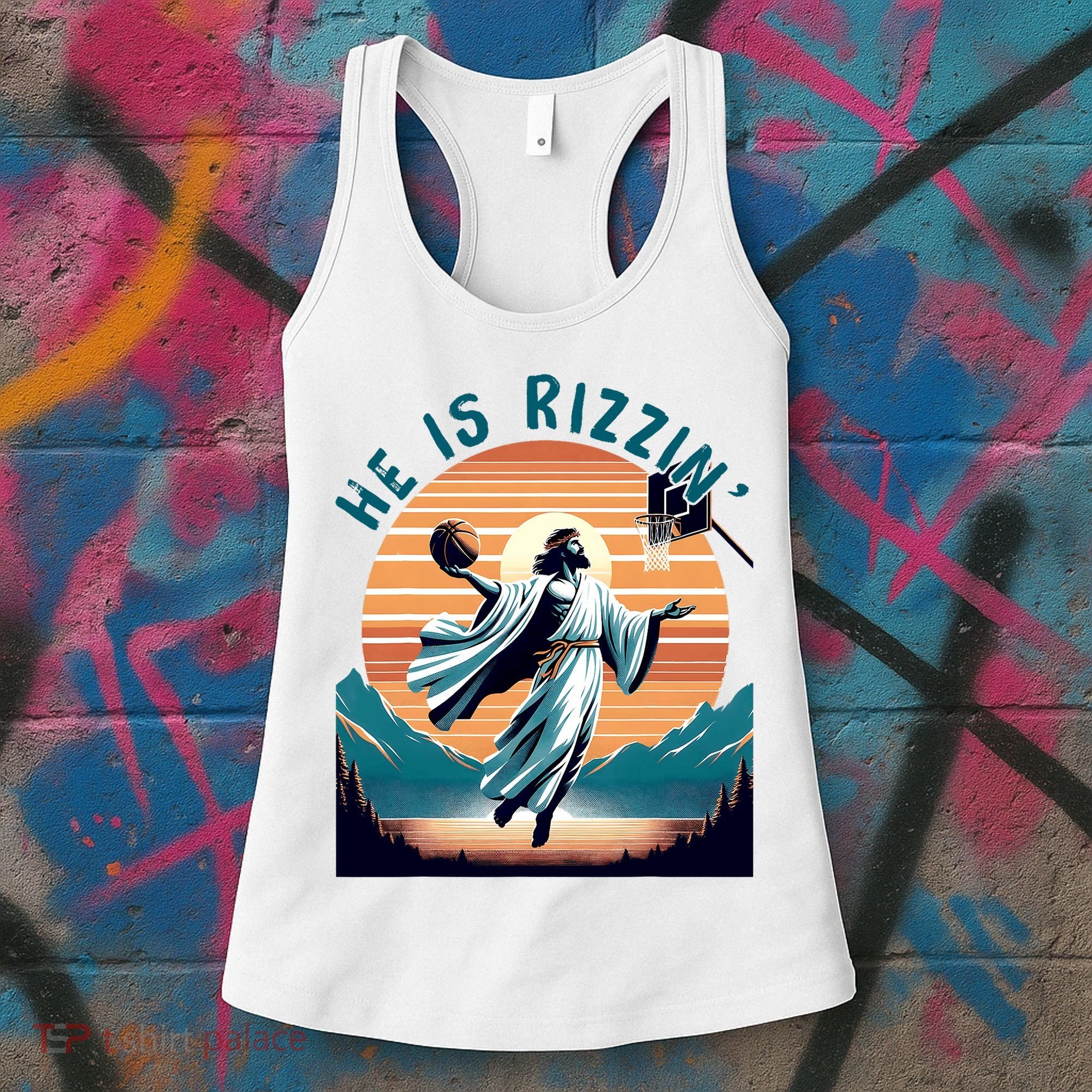 He Is Rizzin Basketball Jesus Retro Easter Christian Women's Tank Top