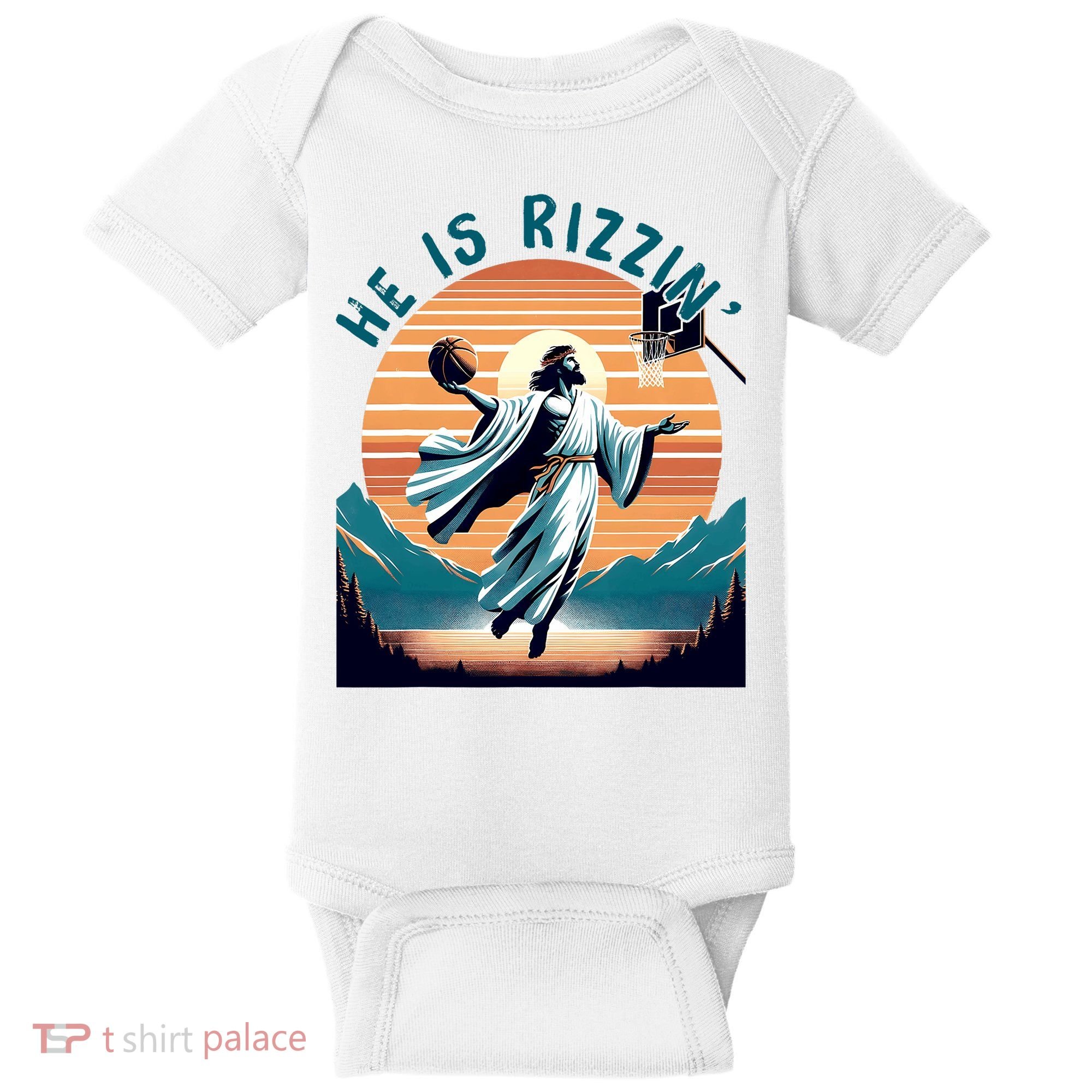 He Is Rizzin Basketball Jesus Retro Easter Christian Baby Bodysuit