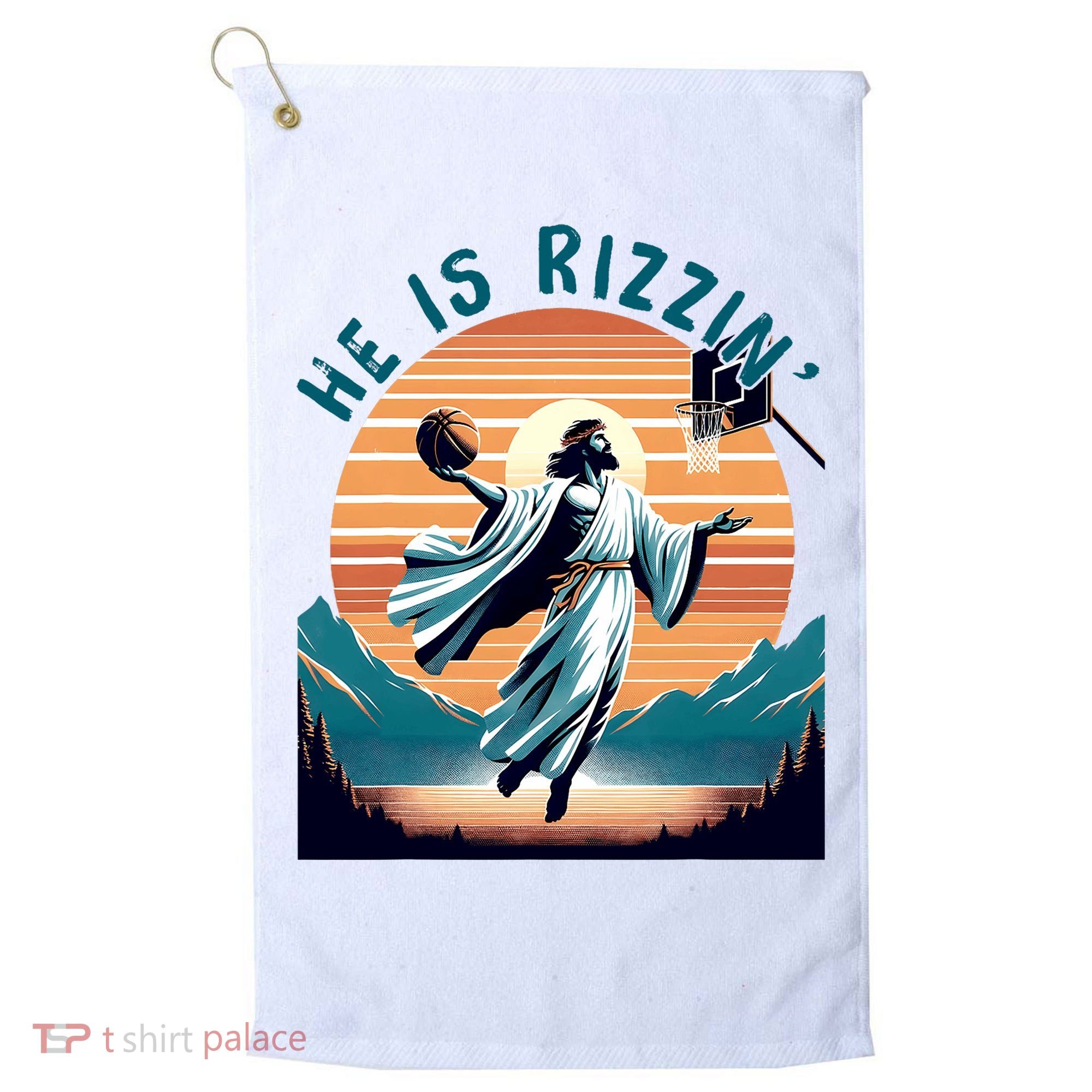 He Is Rizzin Basketball Jesus Retro Easter Christian Golf Towel