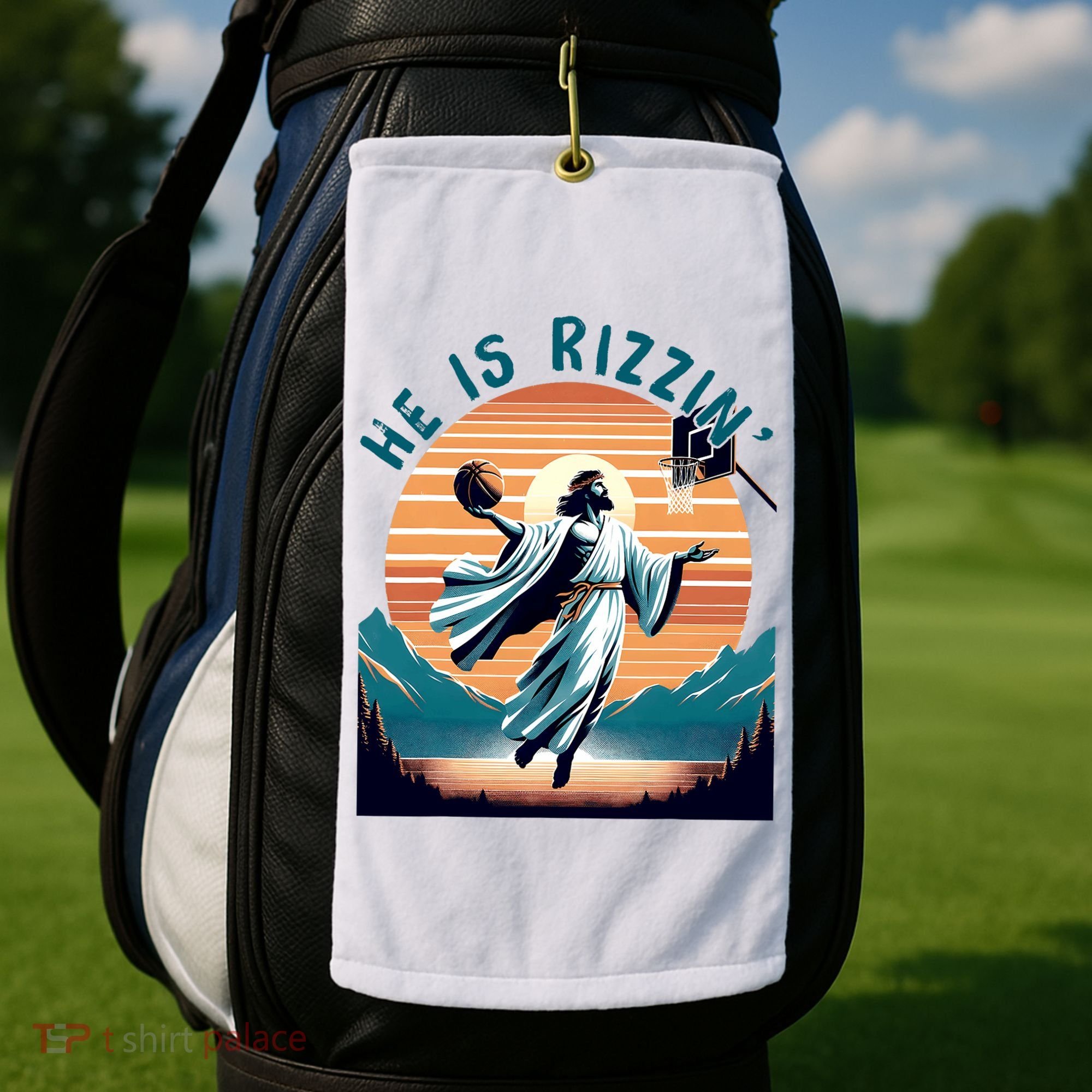 He Is Rizzin Basketball Jesus Retro Easter Christian Golf Towel