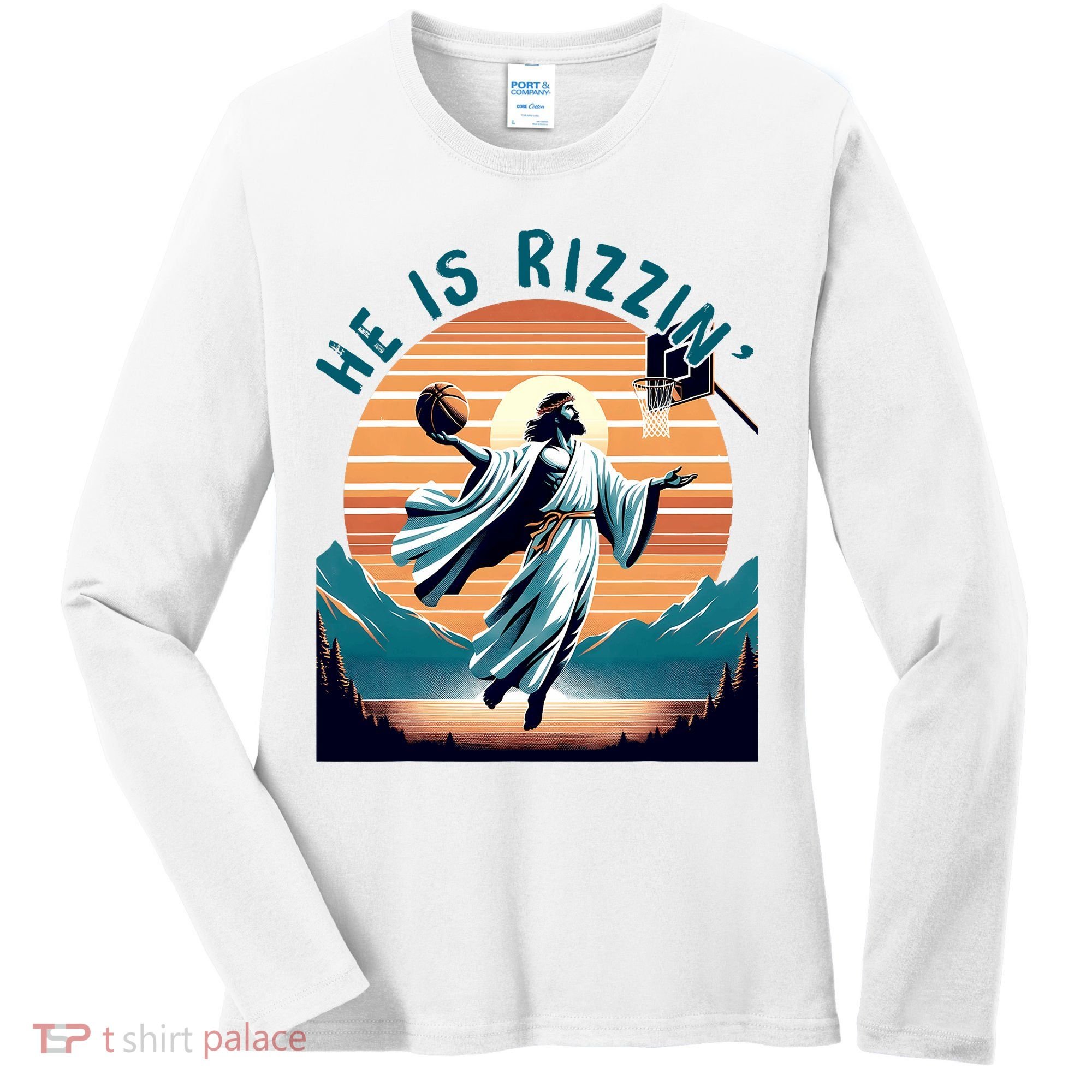 He Is Rizzin Basketball Jesus Retro Easter Christian Women's Long Sleeve Shirt