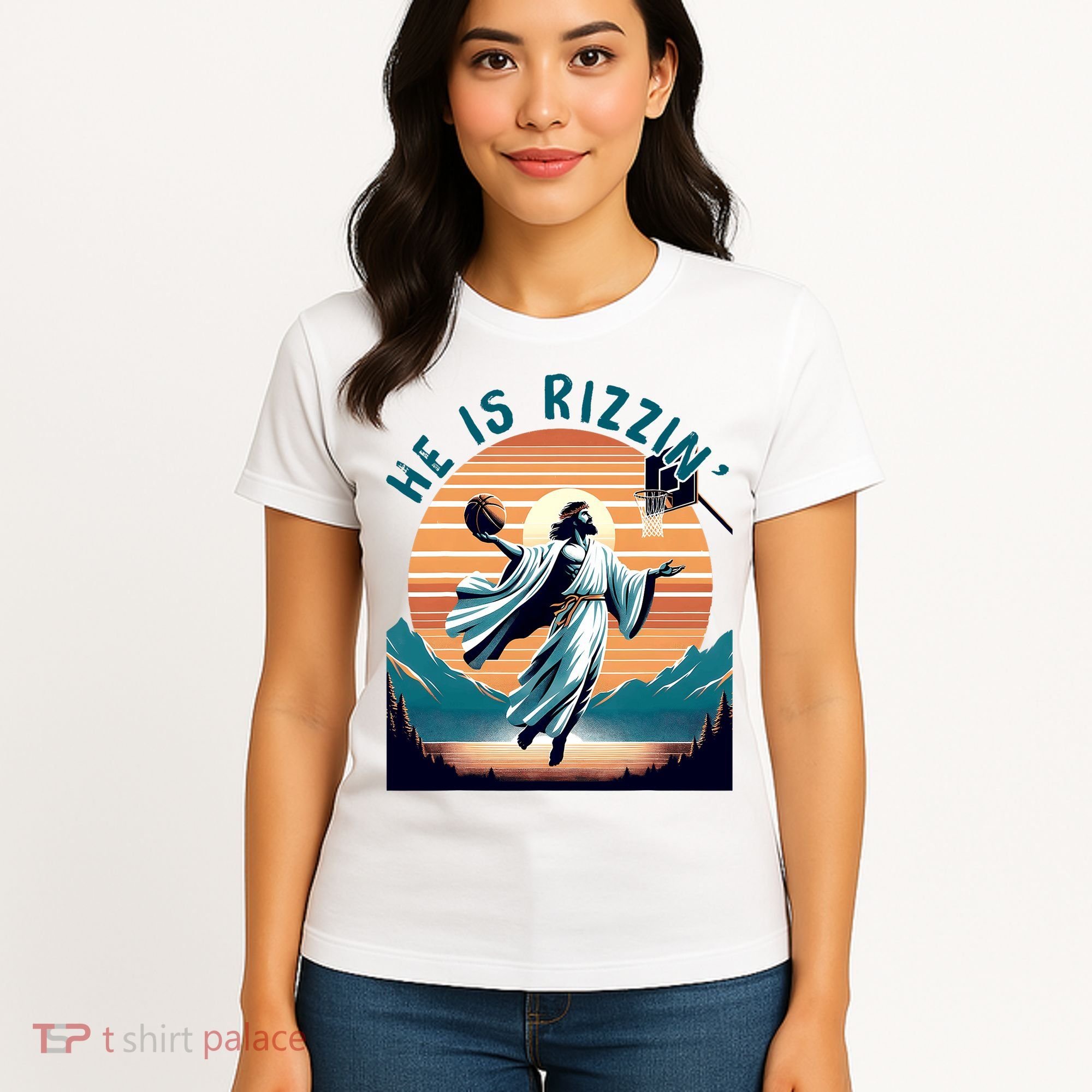 He Is Rizzin Basketball Jesus Retro Easter Christian Women's T-Shirt