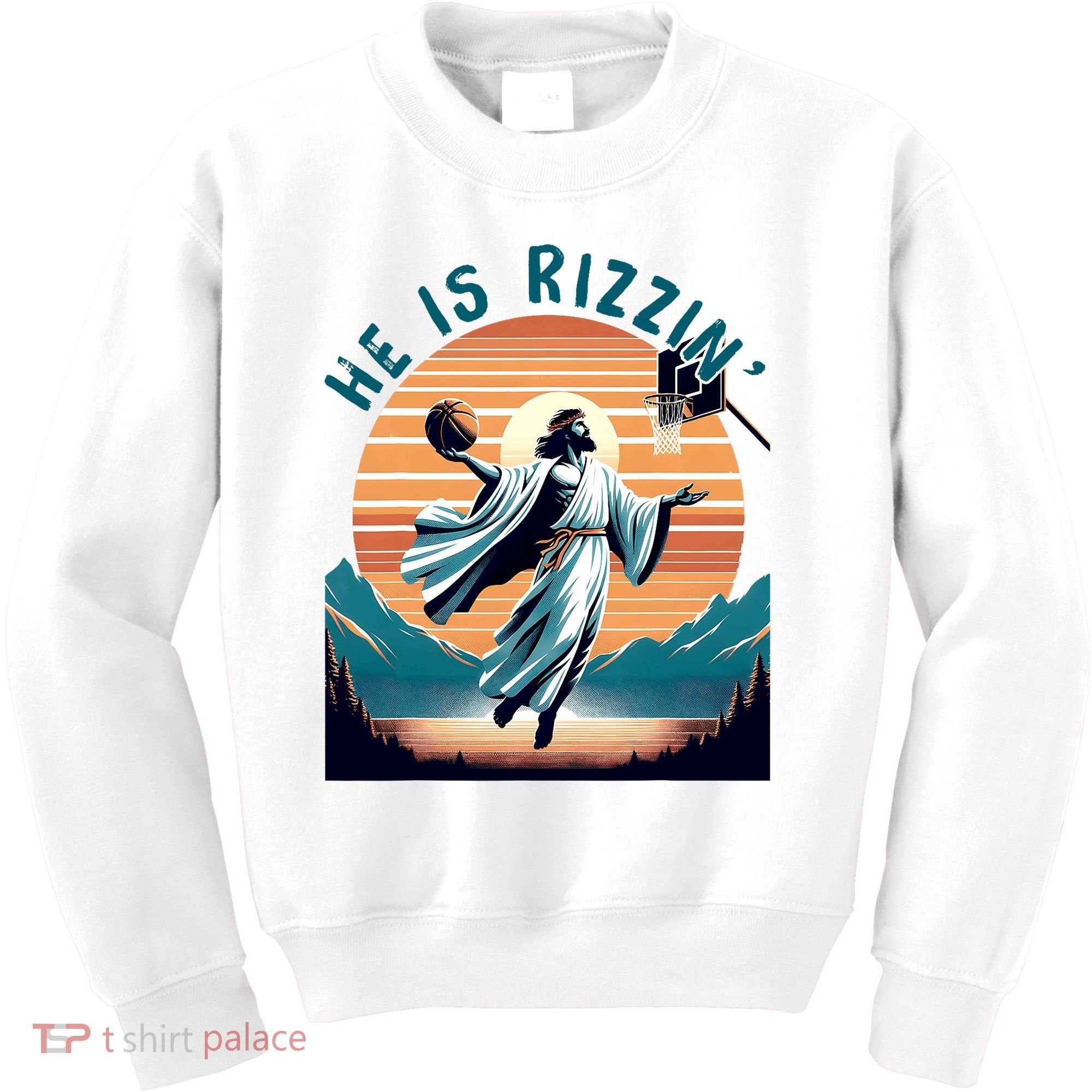 He Is Rizzin Basketball Jesus Retro Easter Christian Kids Sweatshirt