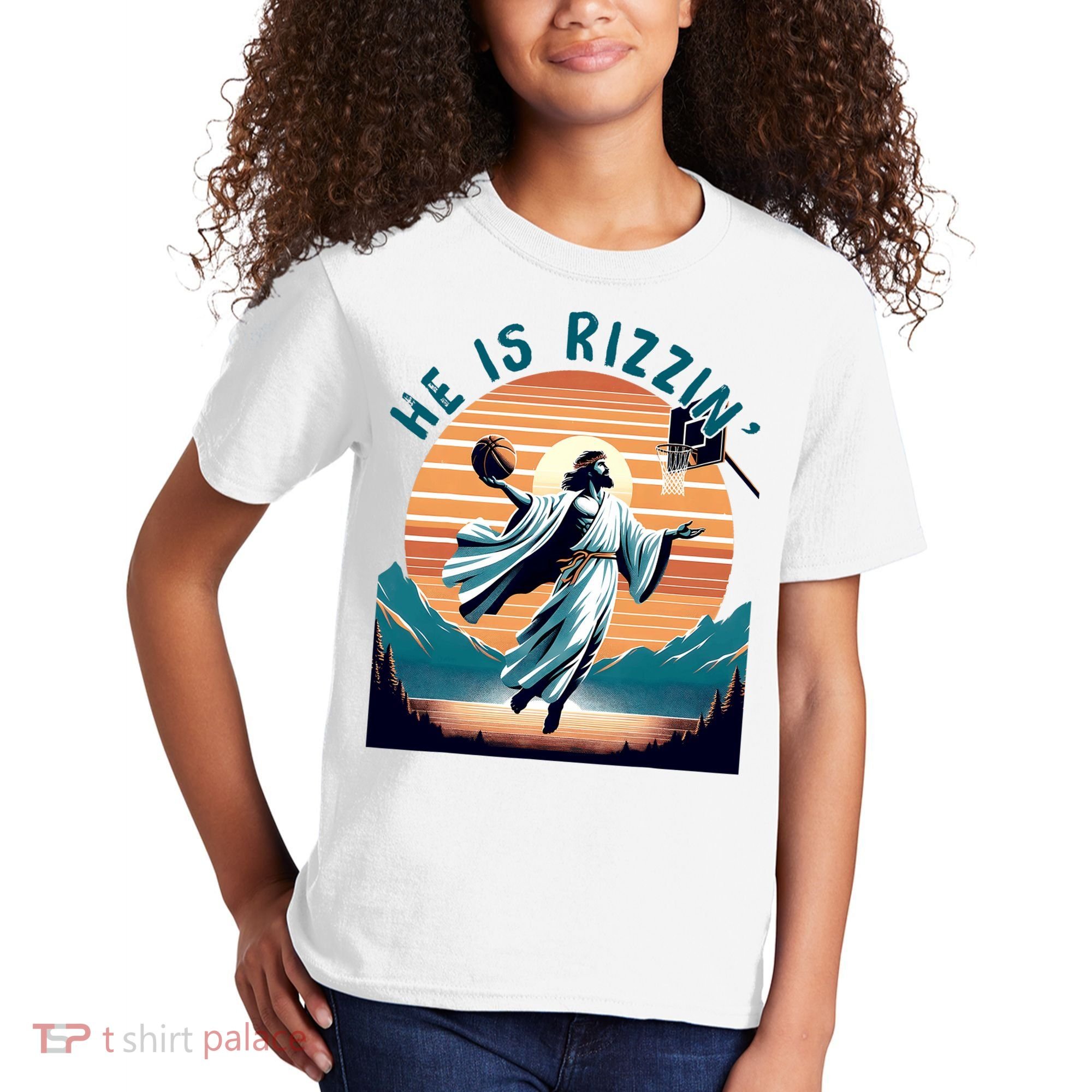 He Is Rizzin Basketball Jesus Retro Easter Christian Kids T-Shirt