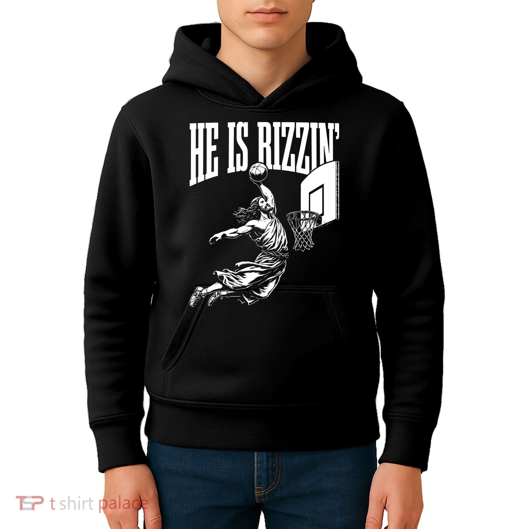 He Is Rizzin Funny Jesus Basketball Meme Kids Hoodie