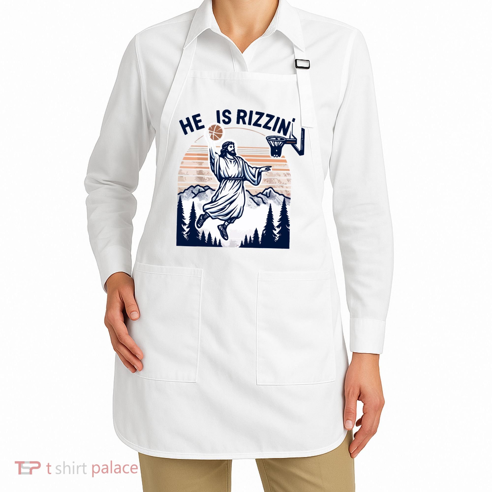 He Is Rizzin Basketball Jesus Retro Easter Christian Apron