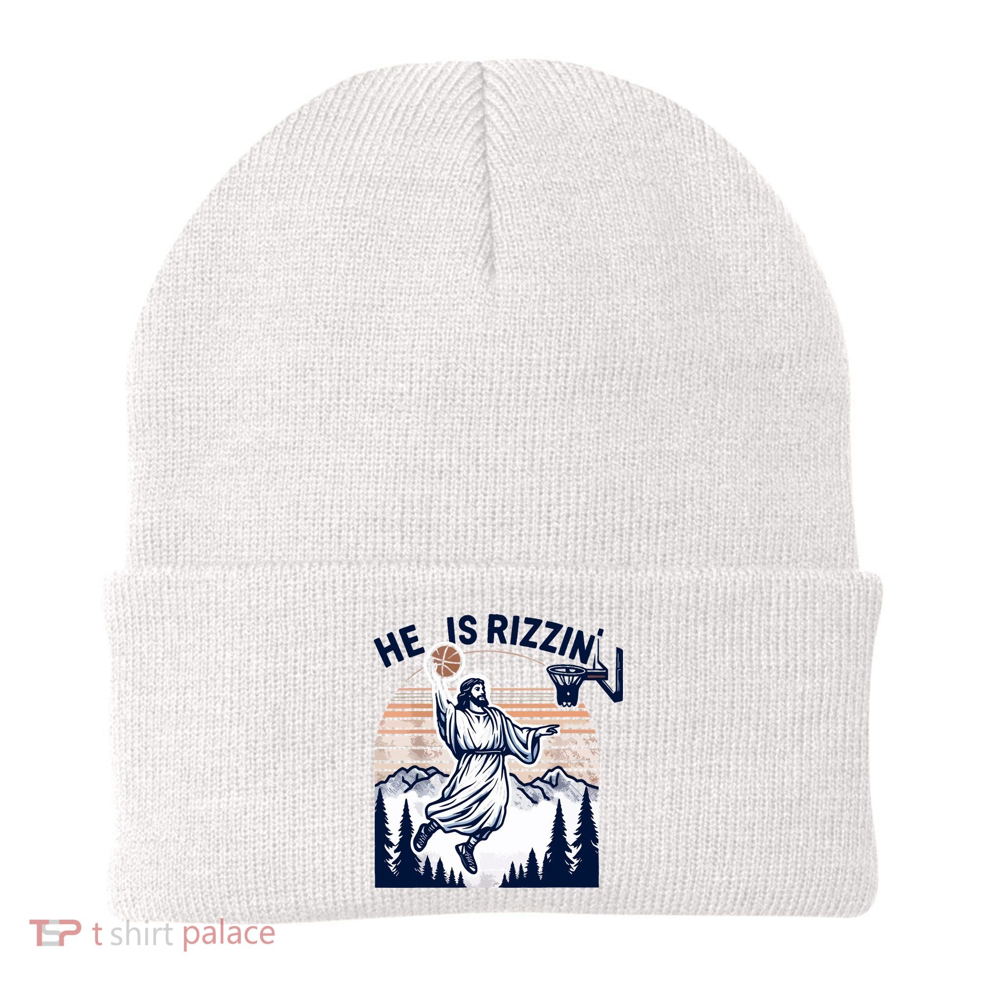 He Is Rizzin Basketball Jesus Retro Easter Christian Beanie
