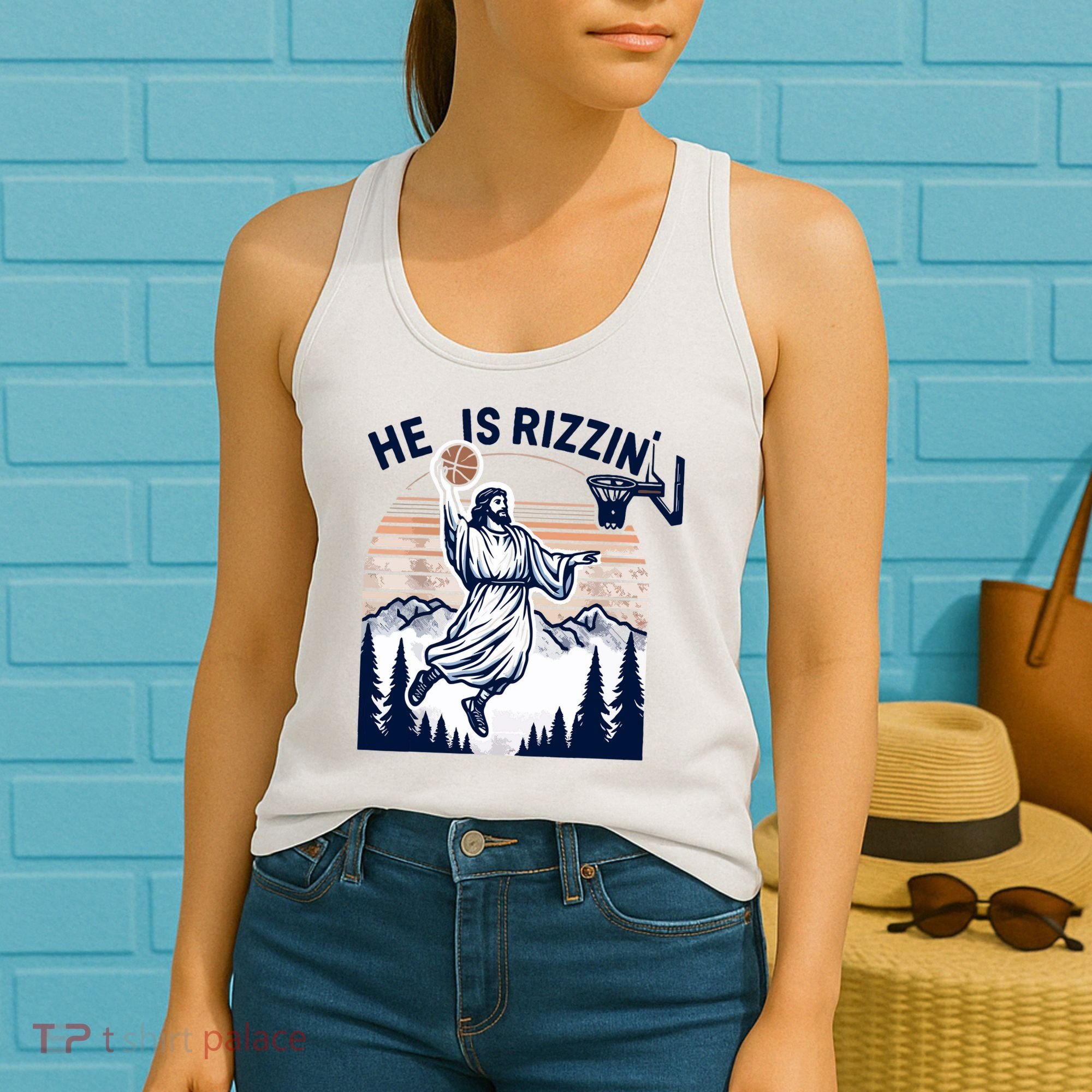 He Is Rizzin Basketball Jesus Retro Easter Christian Women's Tank Top