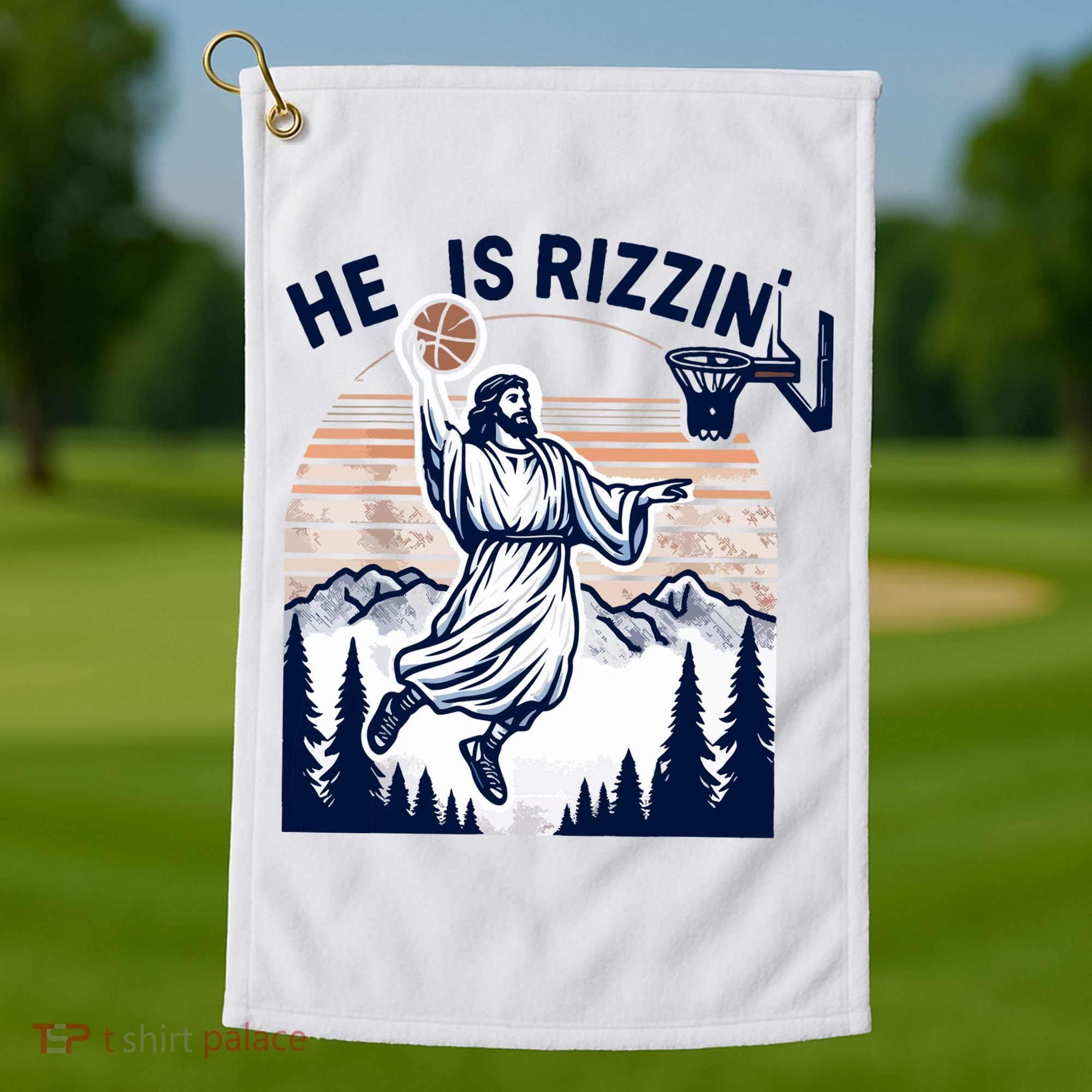 He Is Rizzin Basketball Jesus Retro Easter Christian Golf Towel