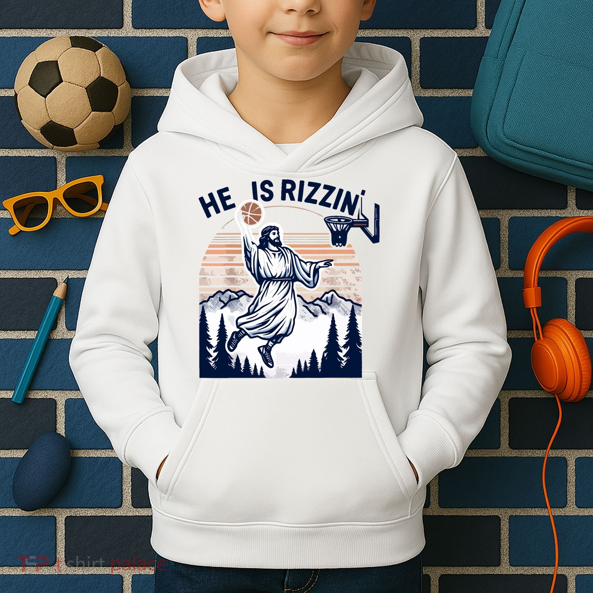 He Is Rizzin Basketball Jesus Retro Easter Christian Kids Hoodie