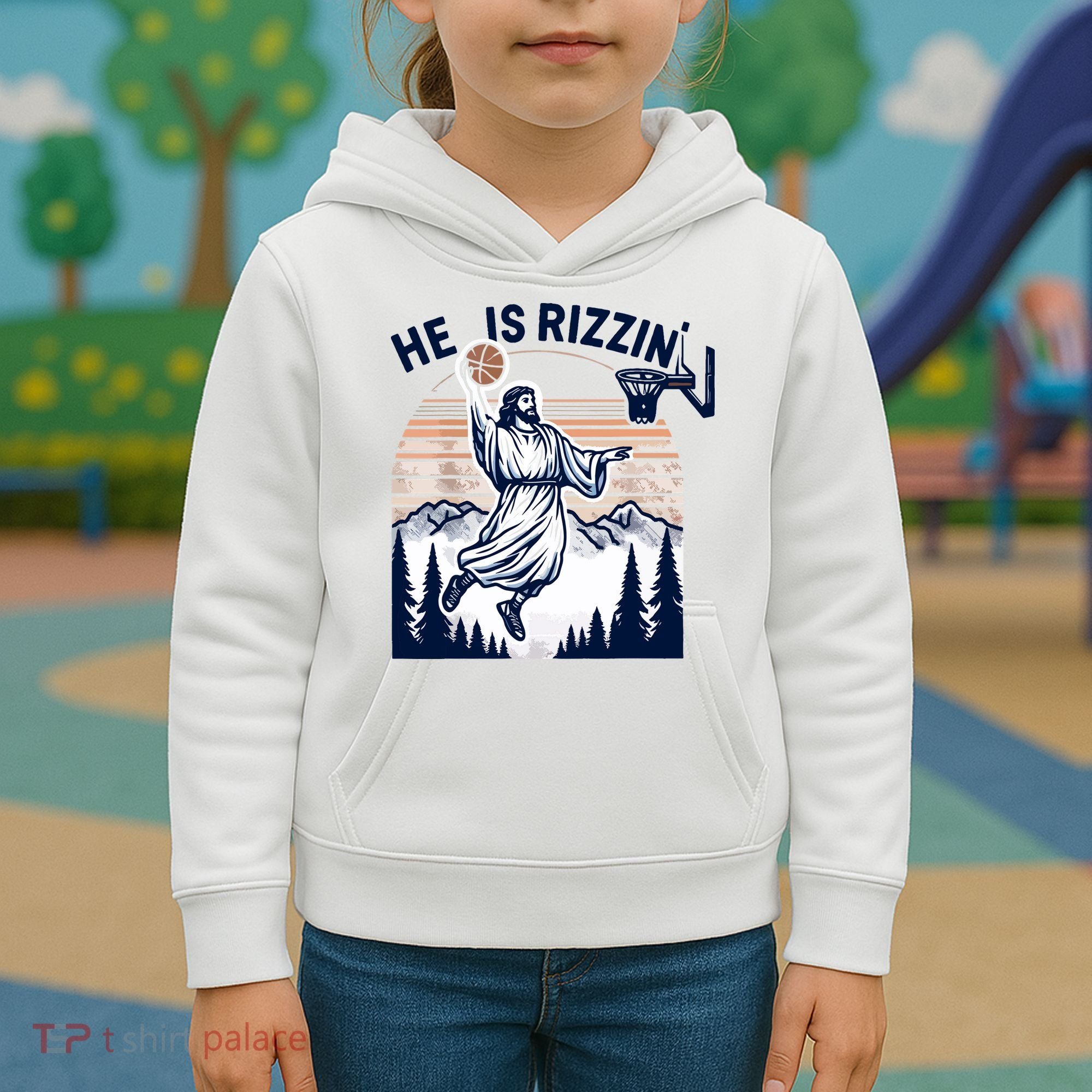 He Is Rizzin Basketball Jesus Retro Easter Christian Kids Hoodie