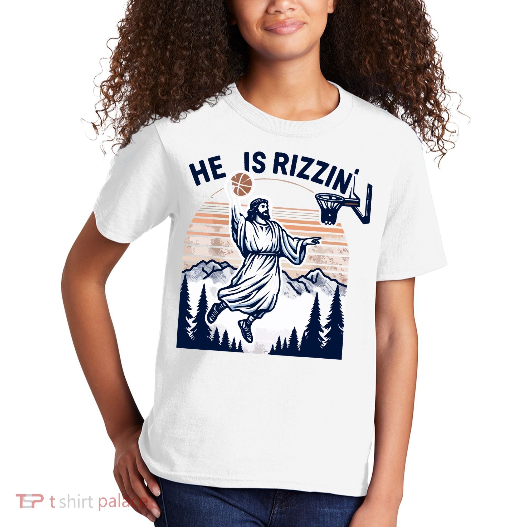 He Is Rizzin Basketball Jesus Retro Easter Christian Kids T-Shirt