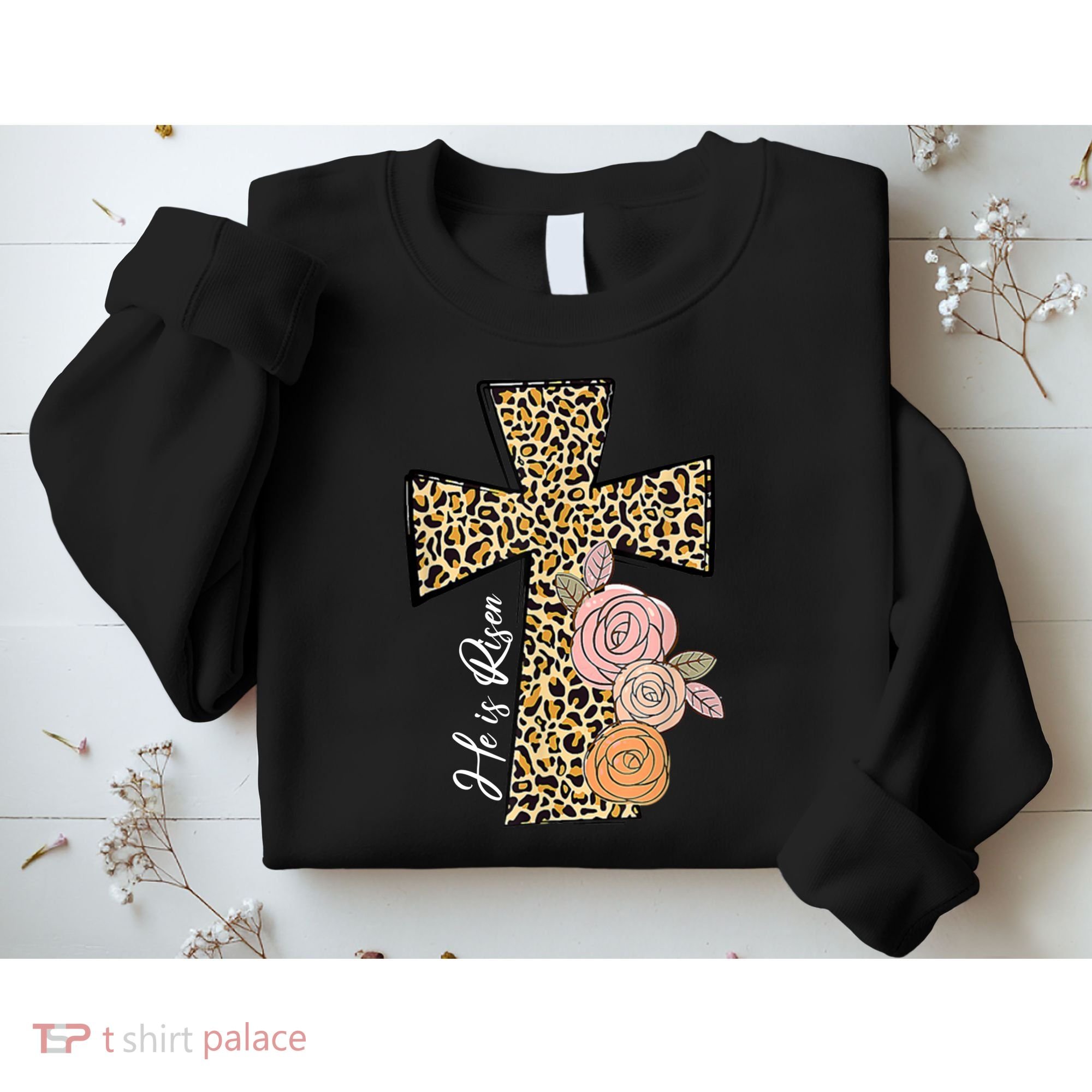 He Is Risen Leopard Easter Cross Sweatshirt