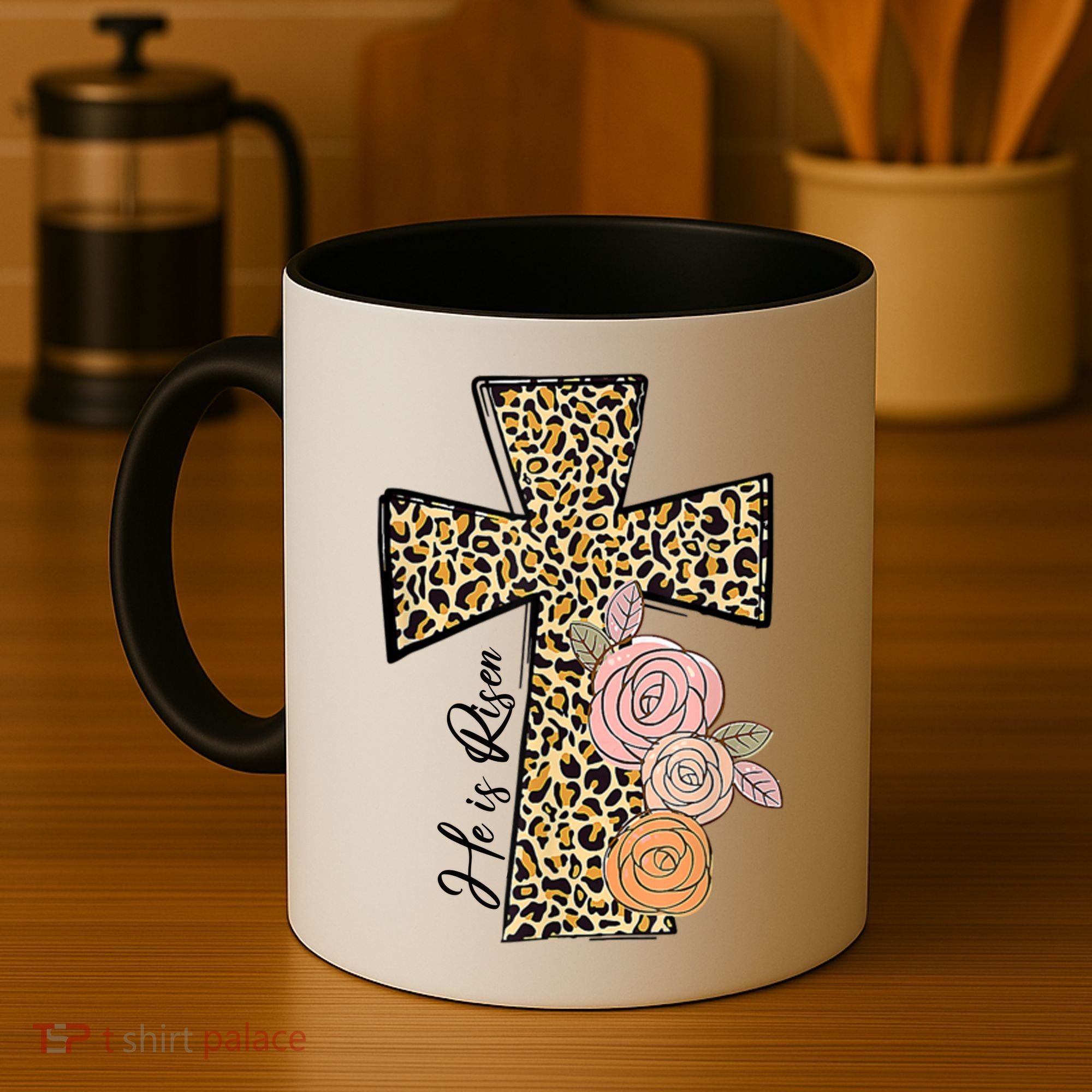 He Is Risen Leopard Easter Cross Coffee Mug