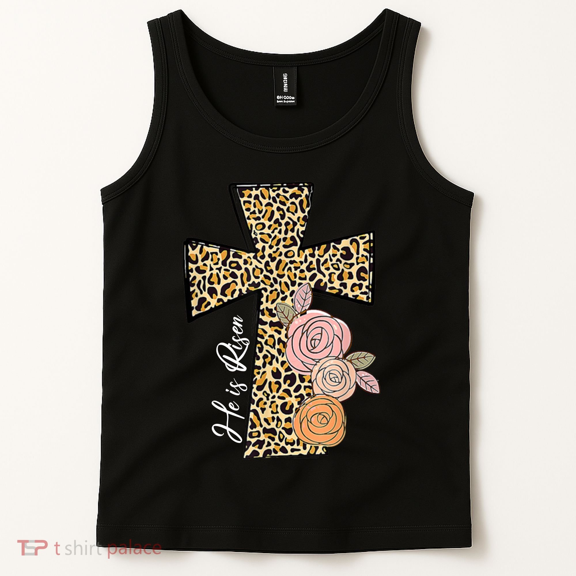 He Is Risen Leopard Easter Cross Tank Top