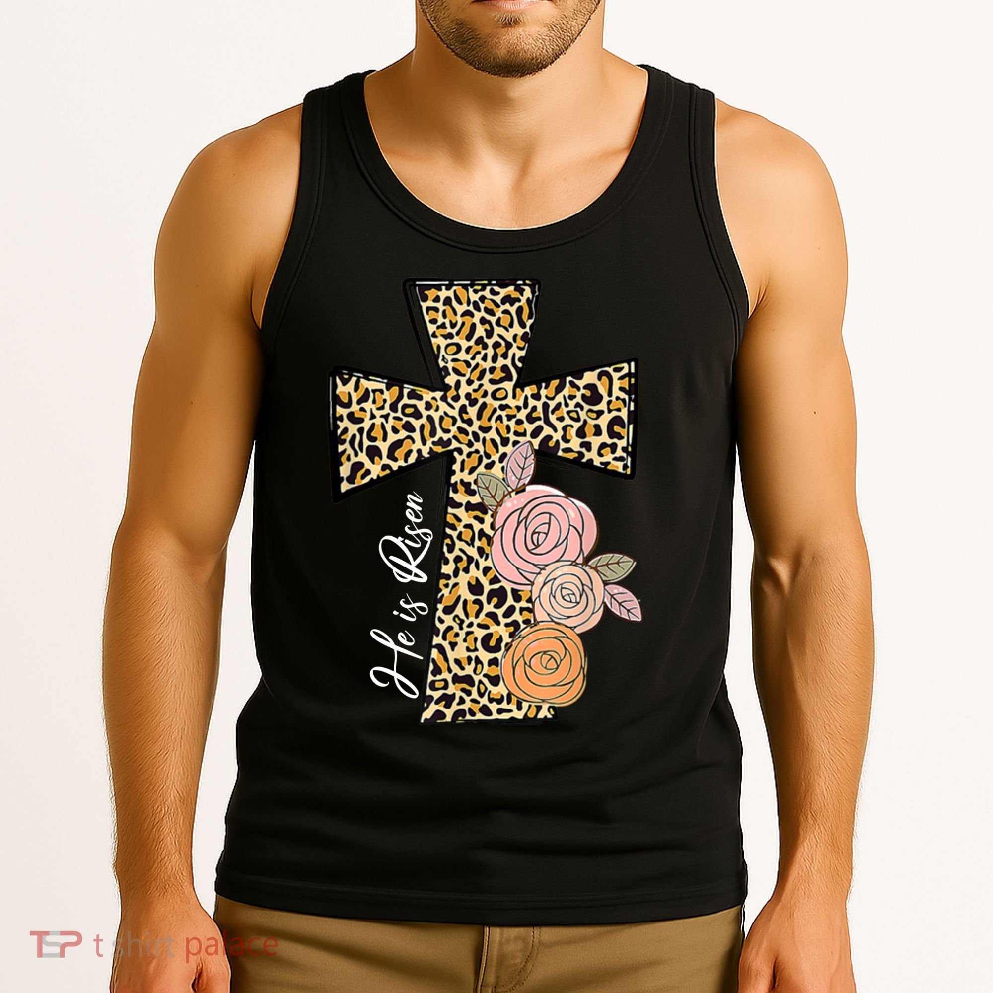 He Is Risen Leopard Easter Cross Tank Top
