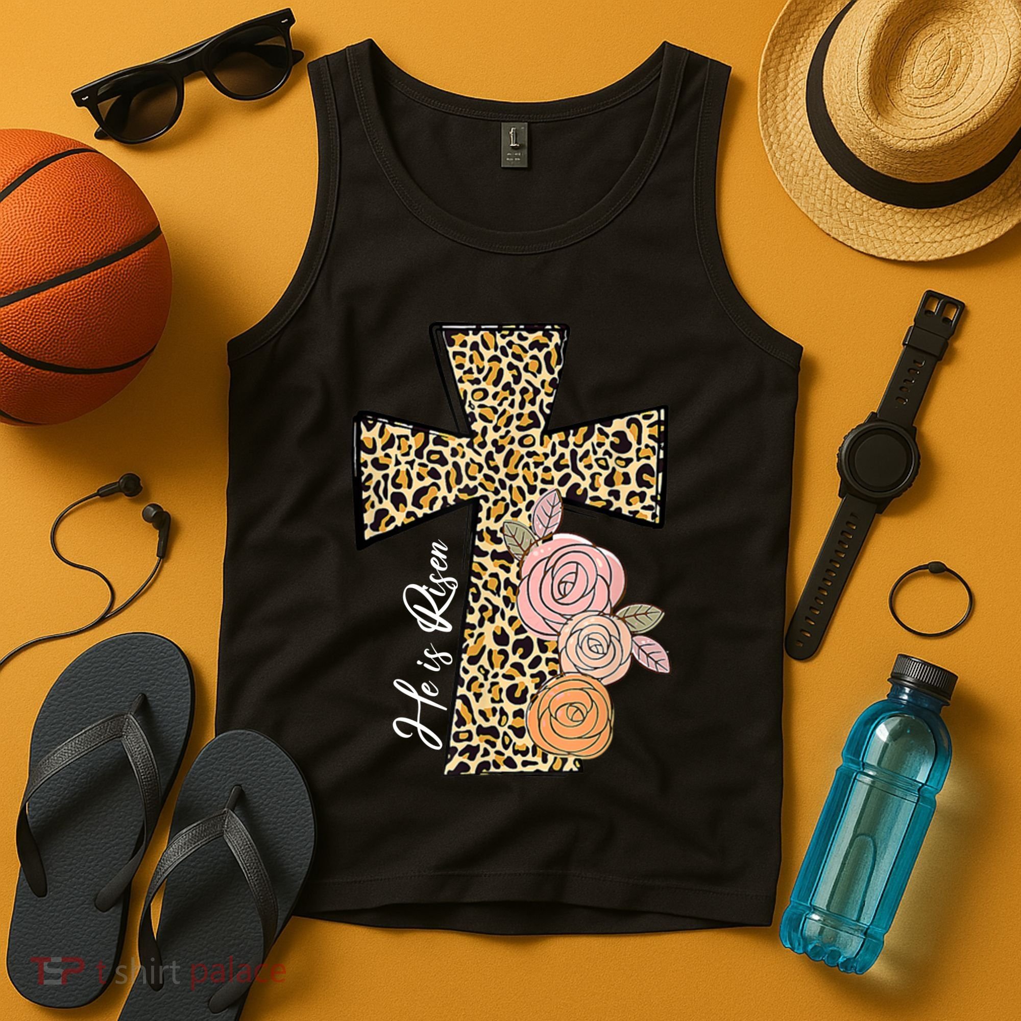 He Is Risen Leopard Easter Cross Tank Top
