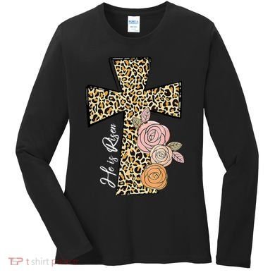 He Is Risen Leopard Easter Cross Women's Long Sleeve Shirt