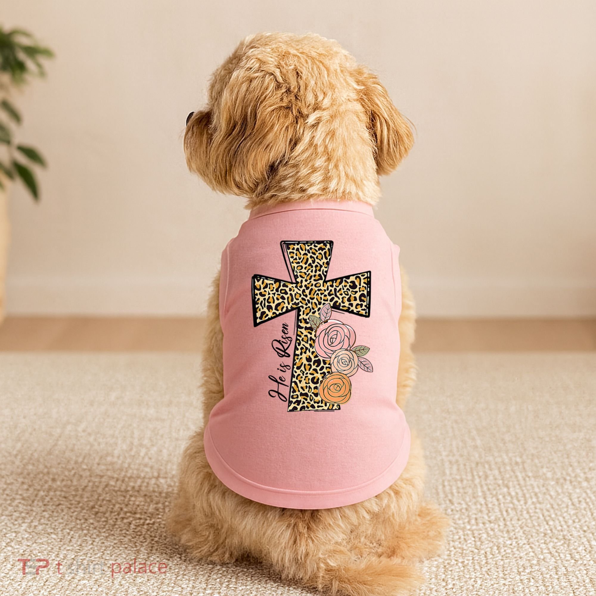 He Is Risen Leopard Easter Cross Doggie Tank