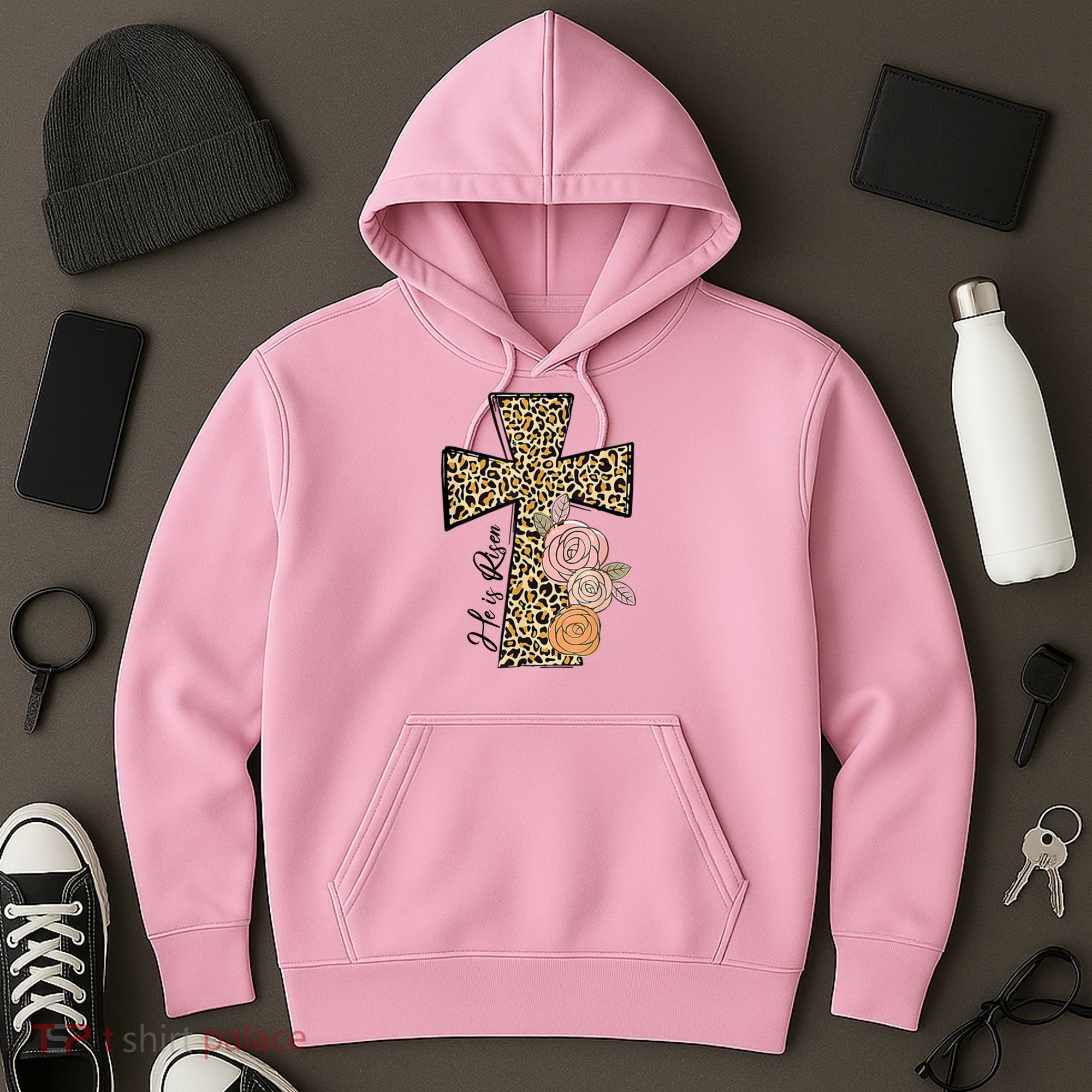 He Is Risen Leopard Easter Cross Hoodie