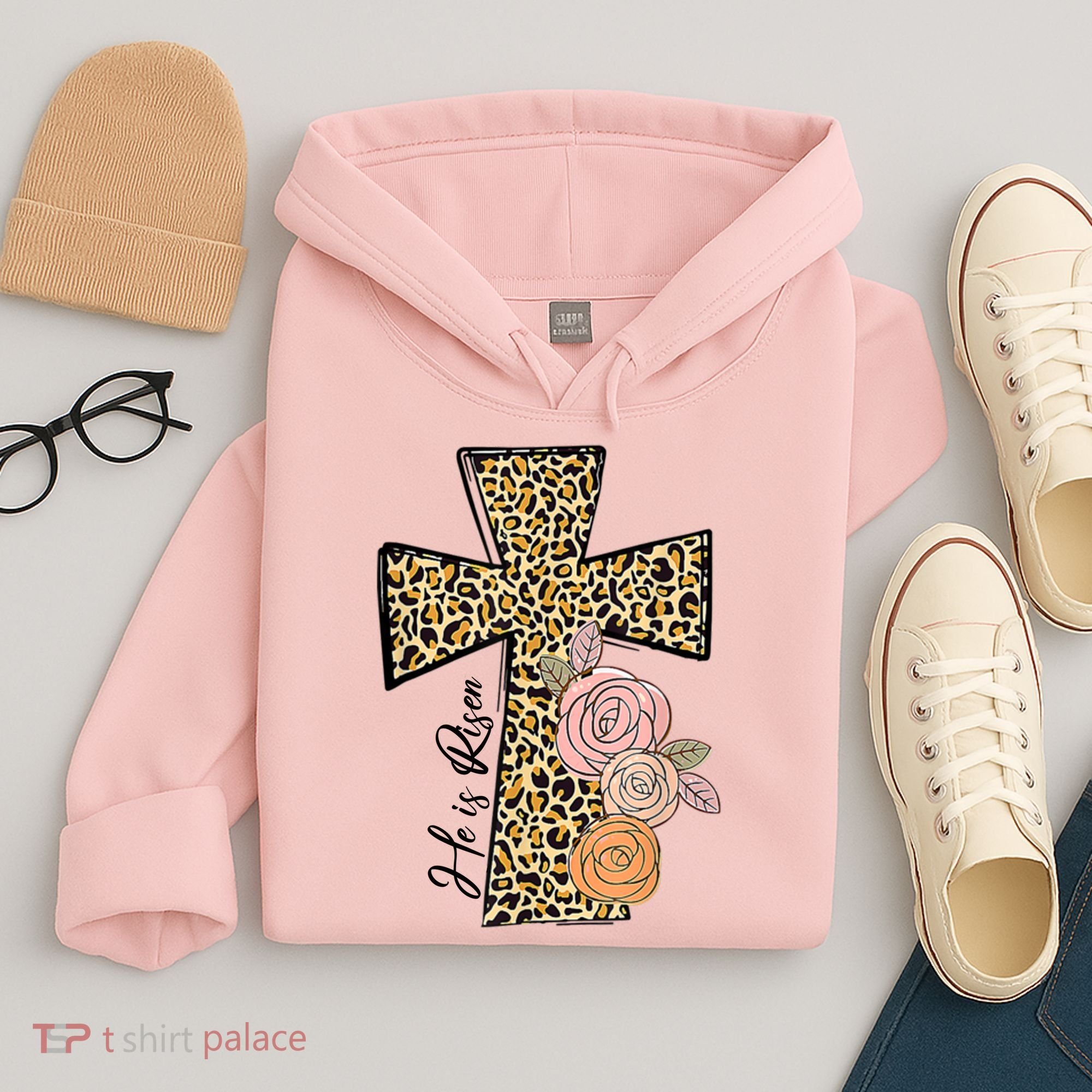 He Is Risen Leopard Easter Cross Hoodie