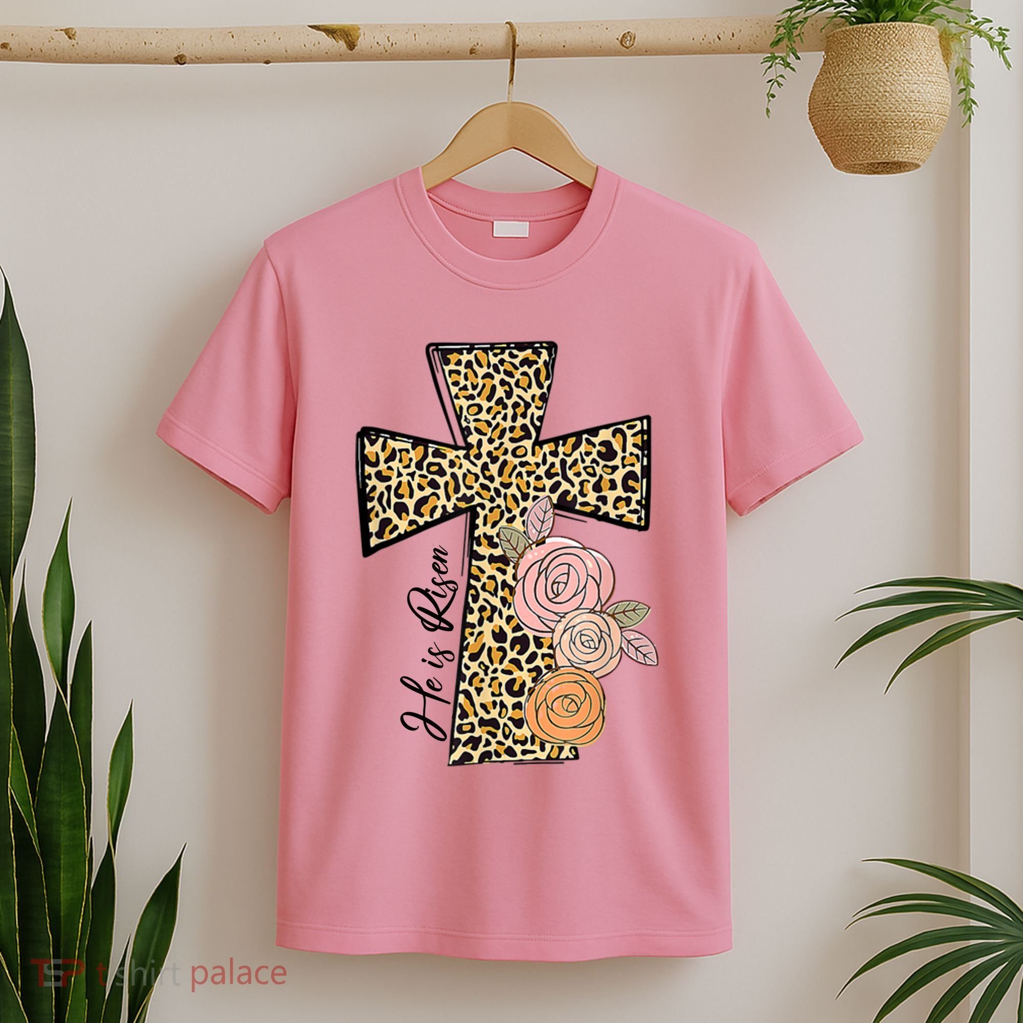 He Is Risen Leopard Easter Cross T-Shirt