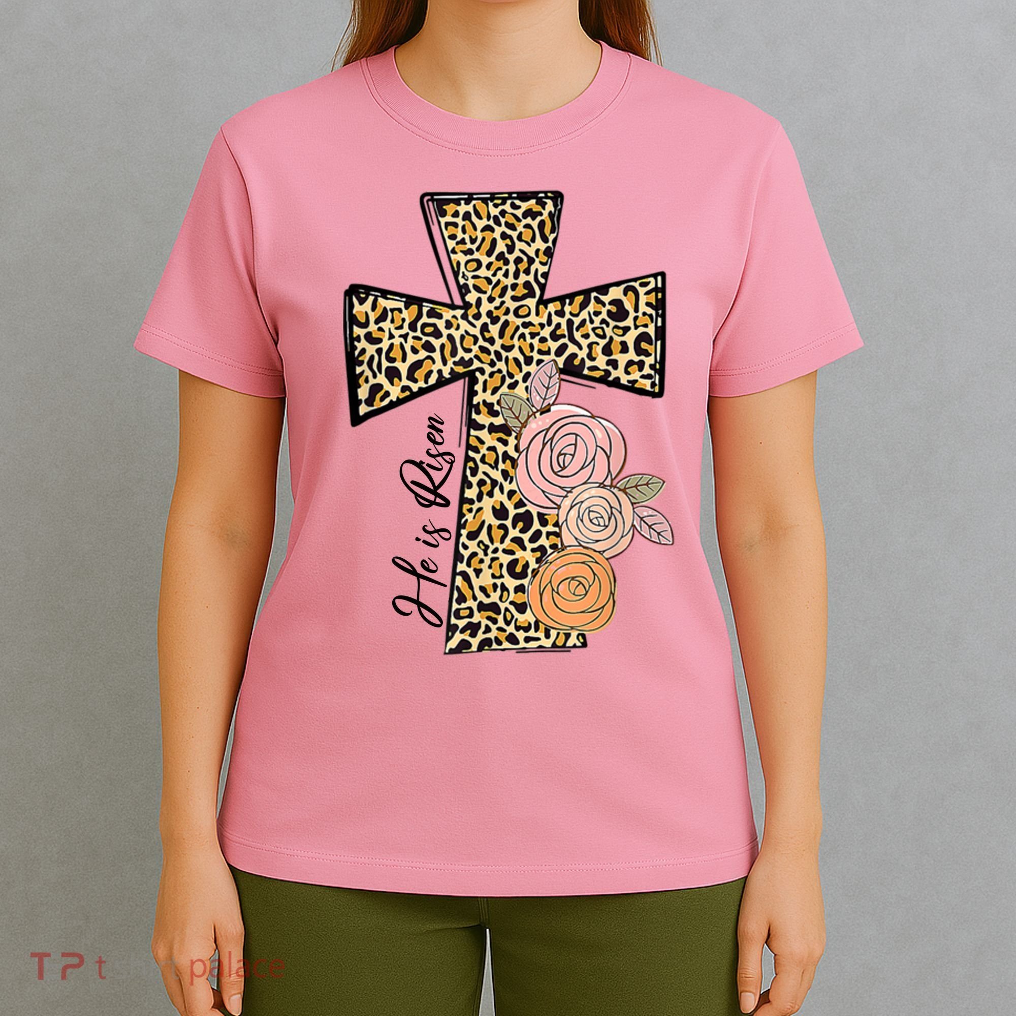 He Is Risen Leopard Easter Cross T-Shirt