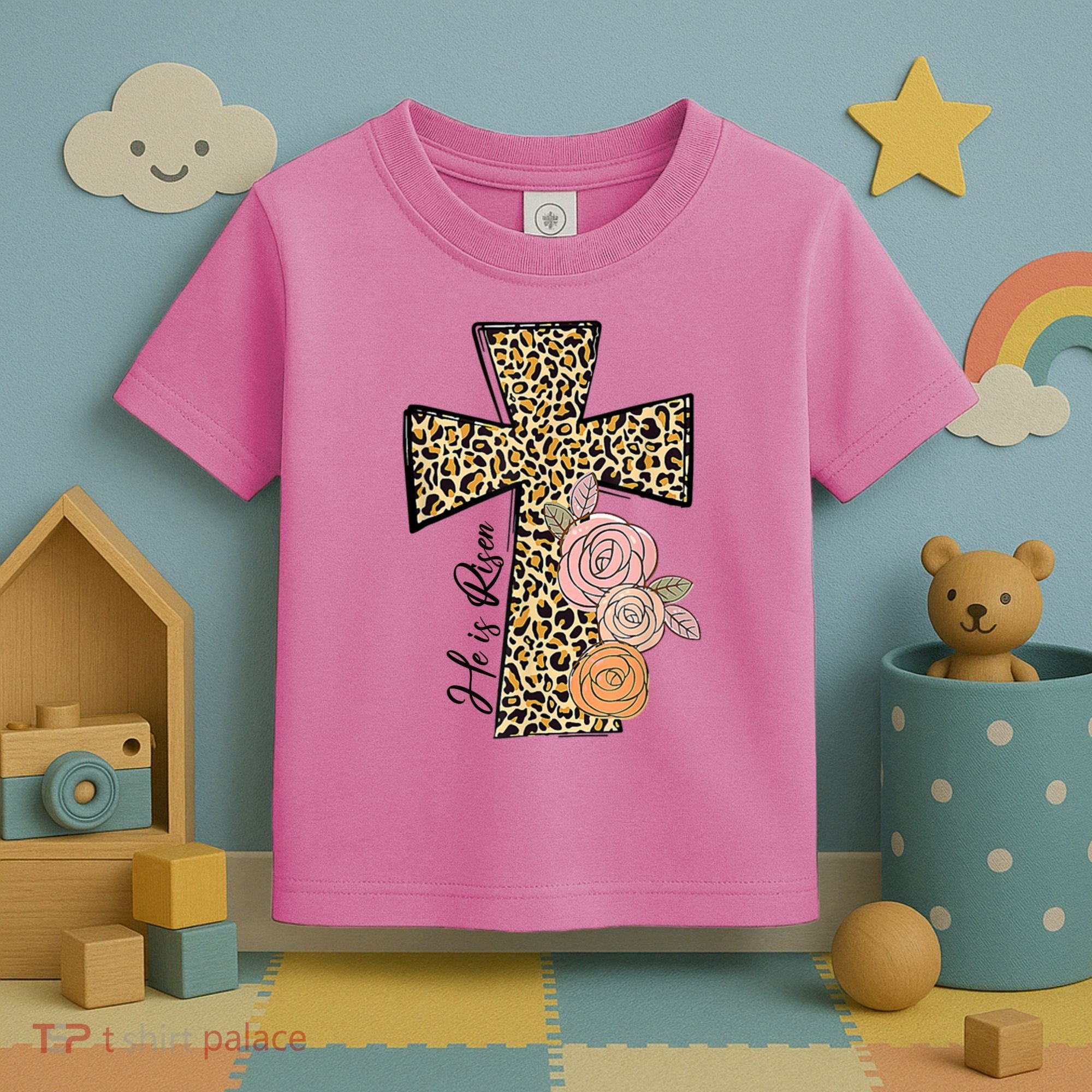 He Is Risen Leopard Easter Cross Toddler T-Shirt