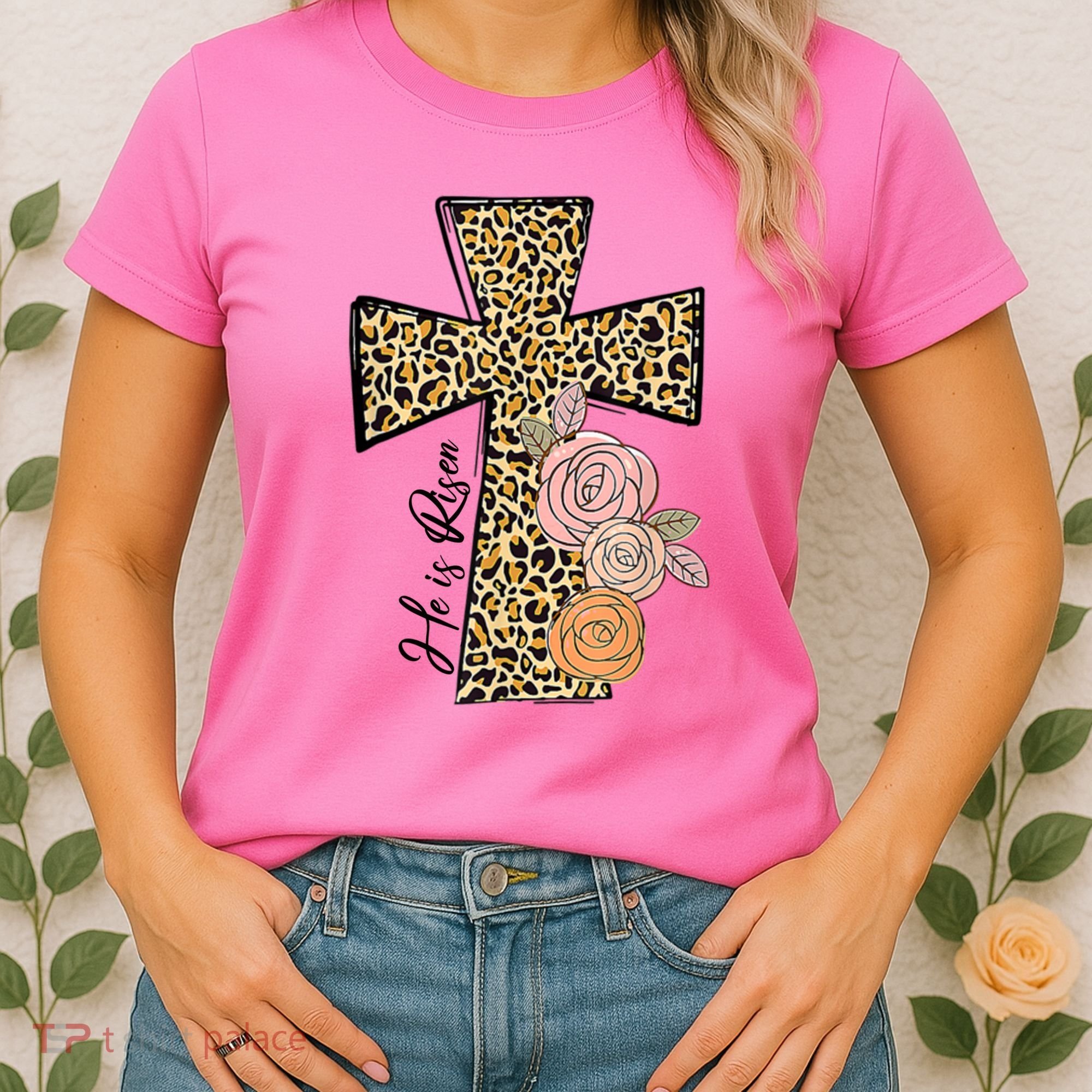 He Is Risen Leopard Easter Cross Women's T-Shirt
